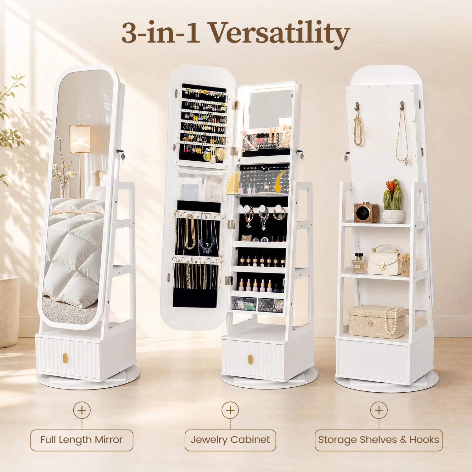LJG 360° Swivel Jewelry Cabinet with Full-Length Mirror and Dual Hooks
