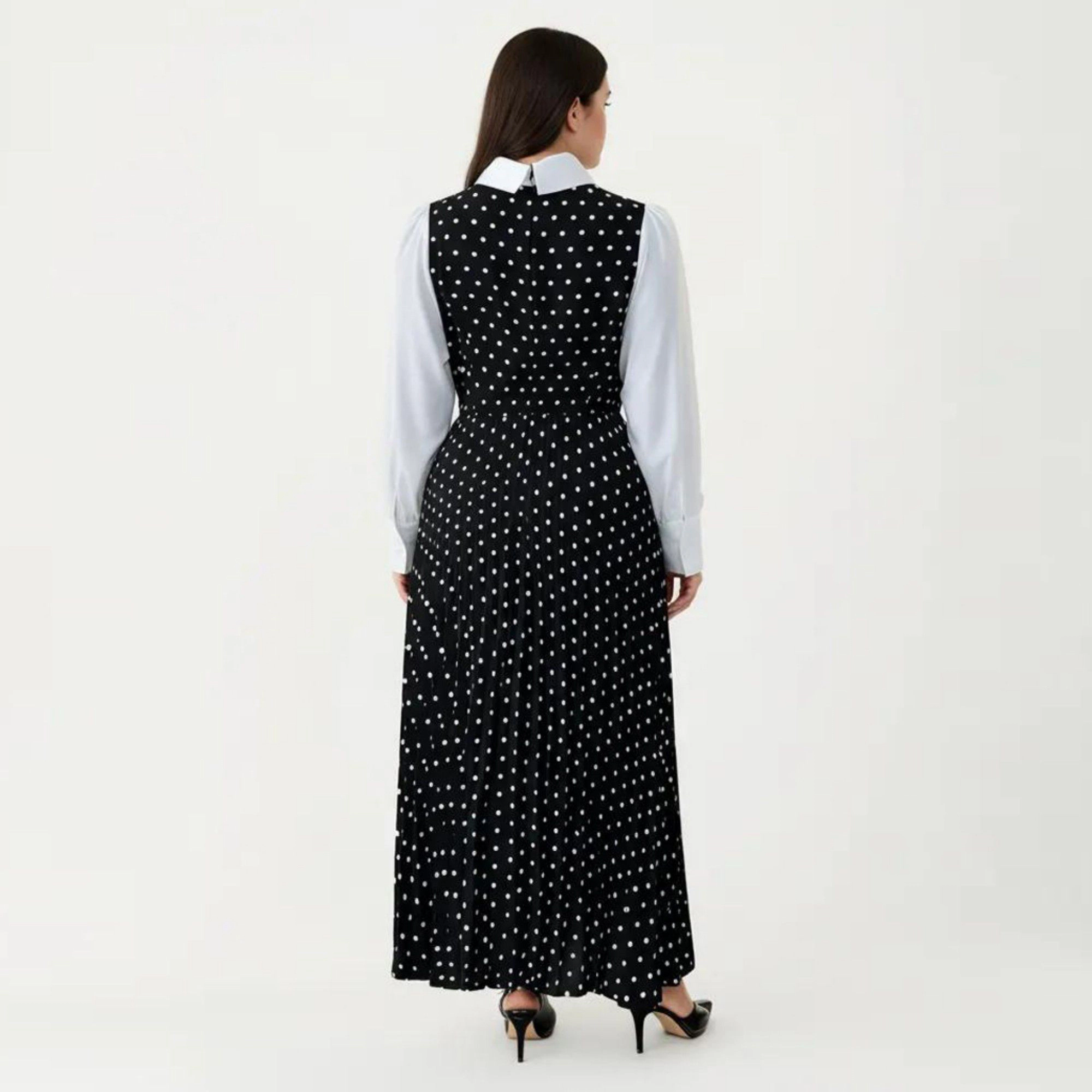 Anna-Kaci Women's Long Sleeve Polka Dot Collared Neck Contrast Detail Pleated Skirt Midi Dress