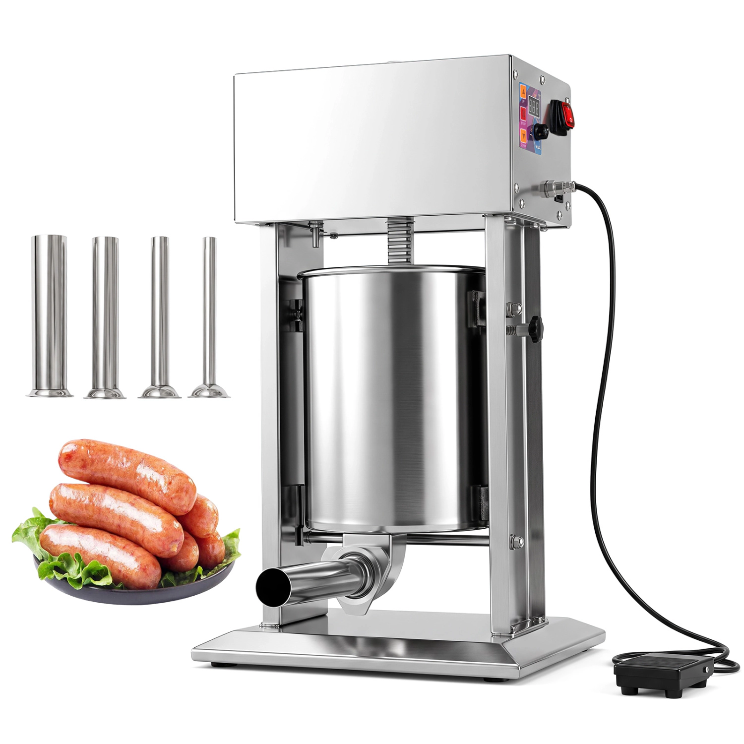 LJG 10L Electric Sausage Stuffer with 4 Stuffing Tubes Foot Pedal and Stepless Speed Control