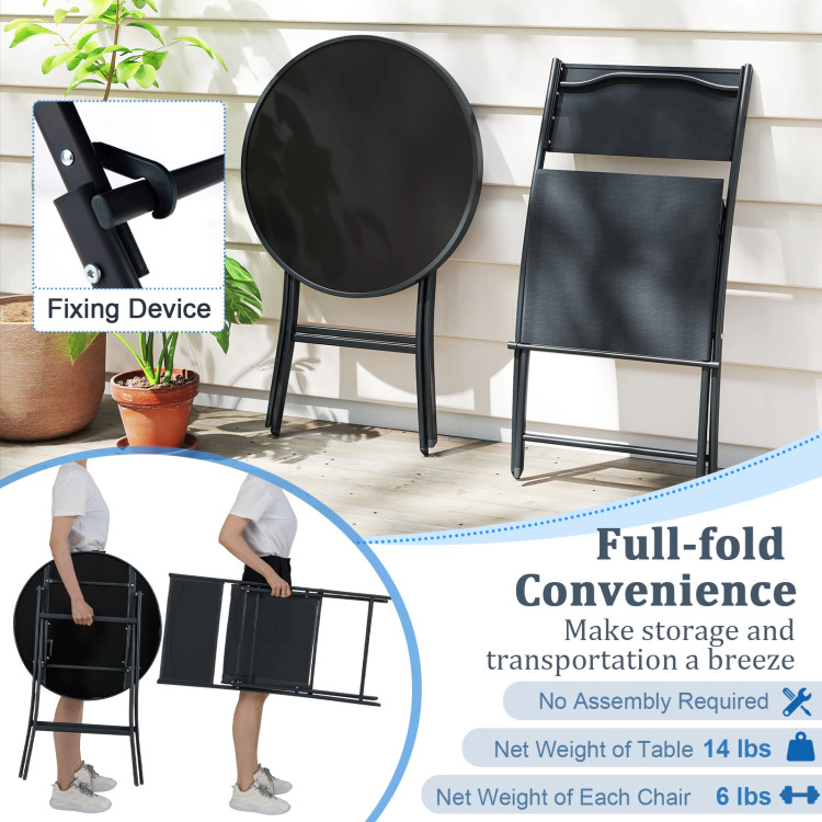 Hivvago 3 Piece Outdoor Folding Patio Bistro Set With Tempered Glass Coffee Table And 2 Patio Chairs