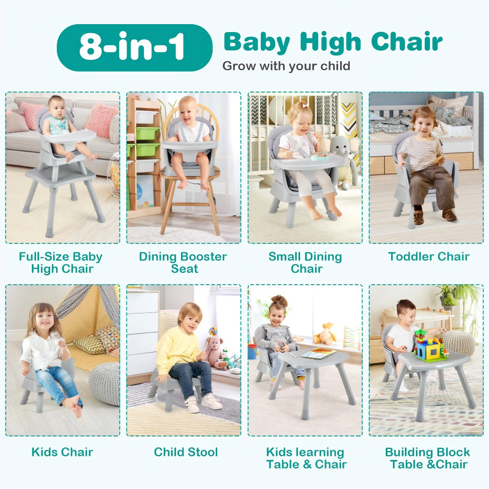 SUGIFT 6-in-1 Convertible Baby High Chair with Adjustable Removable Tray 55-lb Capacity Ages 6-36 Months Gray