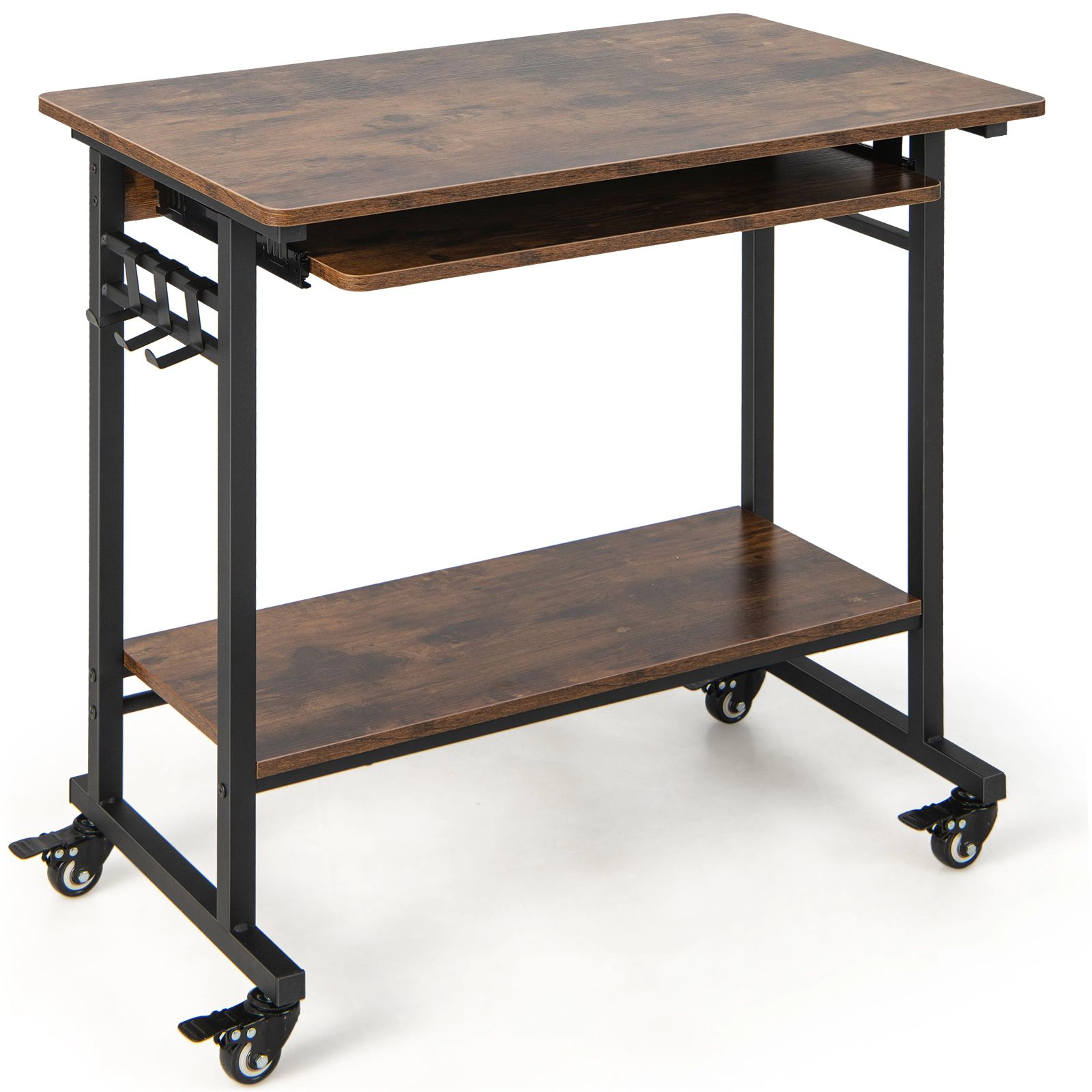 SlickBlue Mobile Computer Desk with Casters, Hooks and Keyboard Tray