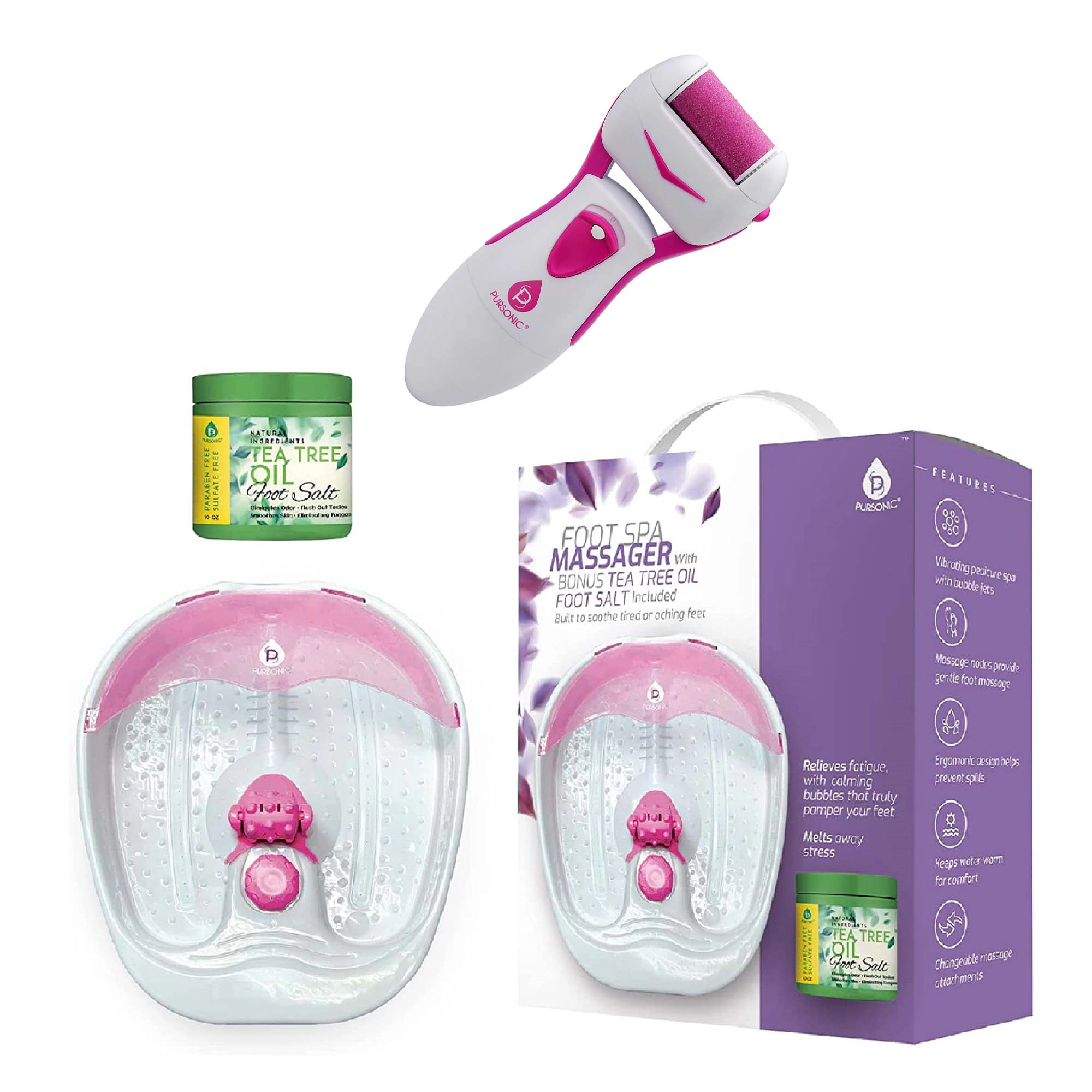 Pursonic Unisex Complete Foot Care & Spa Bundle – Heated Foot Massager, Tea Tree Oil Foot Soak, Callus Remover & Foot Smoother Set