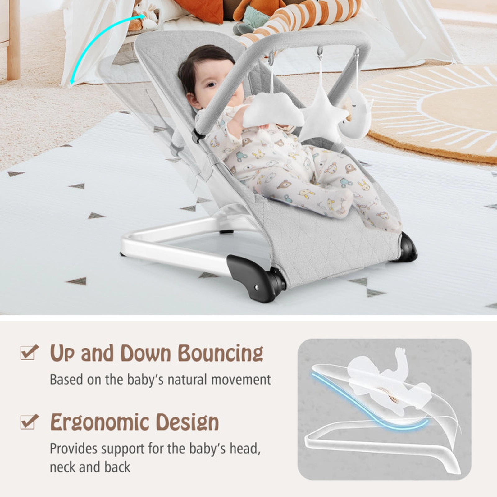 SUGIFT Baby Foldable Bouncer Toy Bar 5-Point Harness 20-lb Capacity Ages 0-6 Months 19 x 21 x 20-in Gray/Black