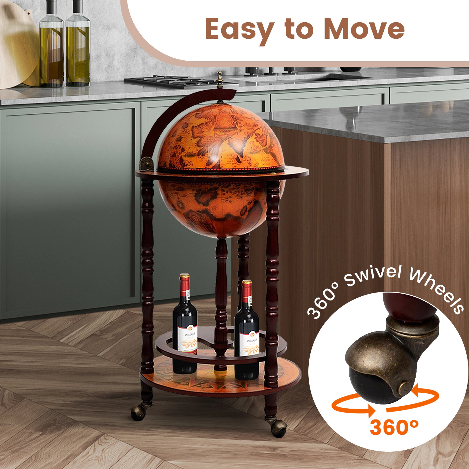 SUGIFT 16th Century Wood Plastic Globe Wine Bar Stand 36-in Tall 17-in Wide Wood Plastic Single Piece