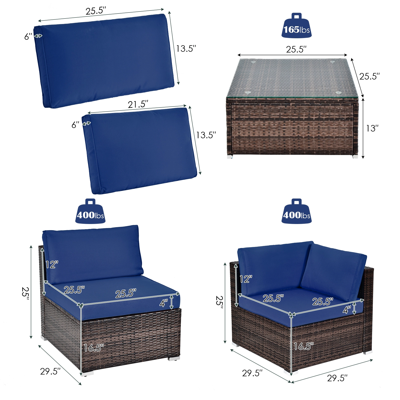 SUGIFT 6-Piece Navy Patio Wicker Sectional Set with 25.5-in Glass Coffee Table 12.5-in Seat H 400-lb Sofa Capacity