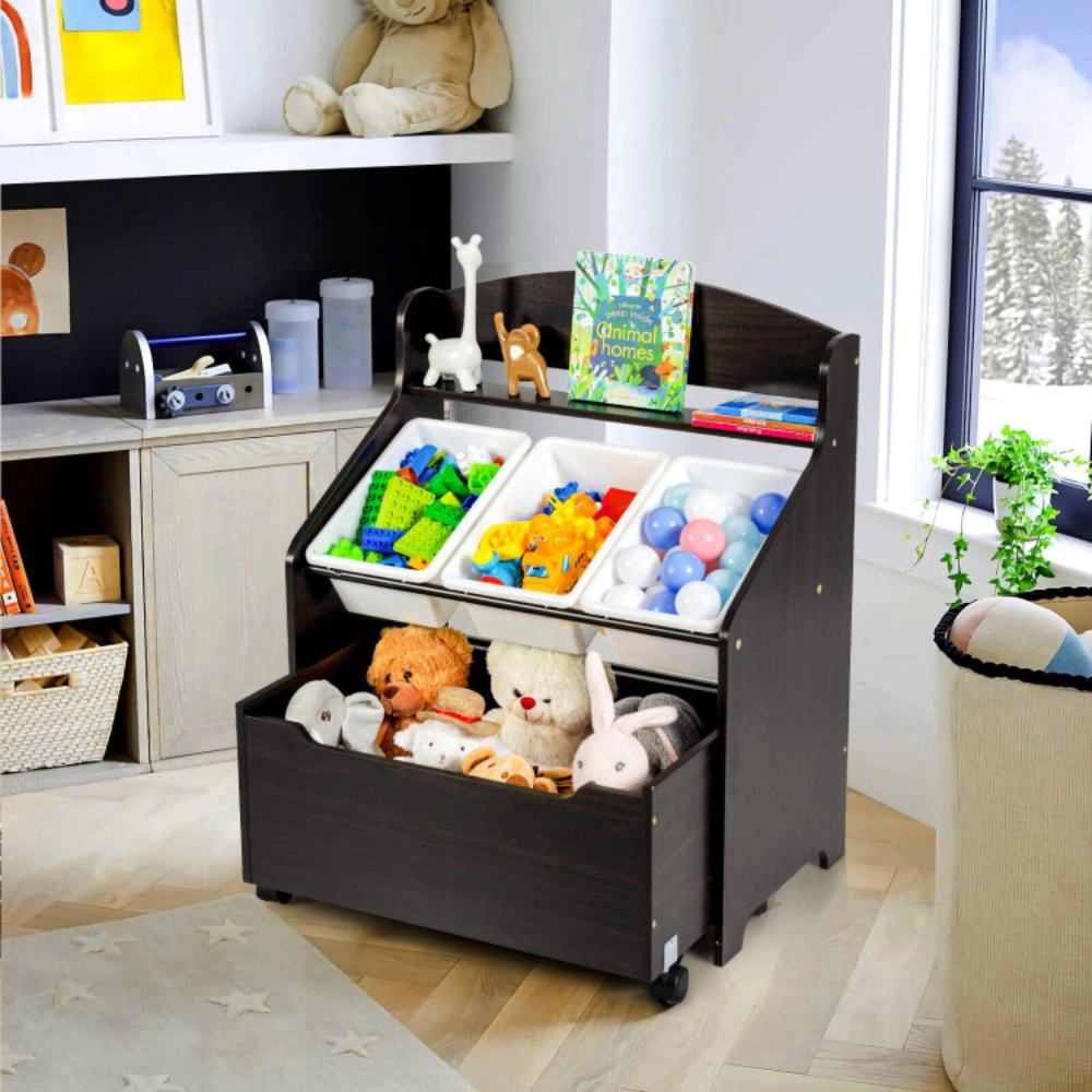 Hivvago Kids Wooden Toy Storage Unit Organizer with Rolling Toy Box and Plastic Bins