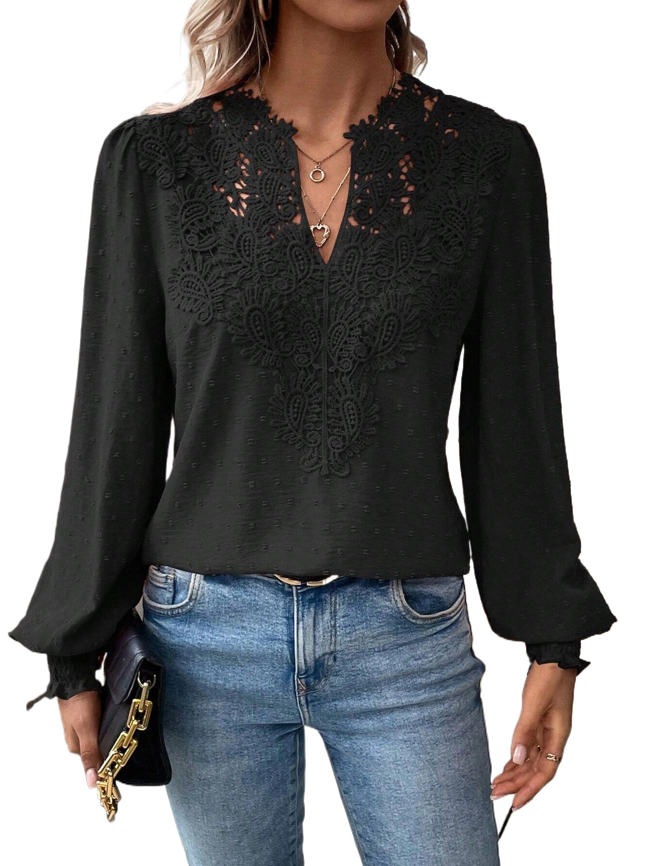 Enchanted Funland Womens Lace V Neck Blouse Puff Long Sleeve Chiffon Shirts