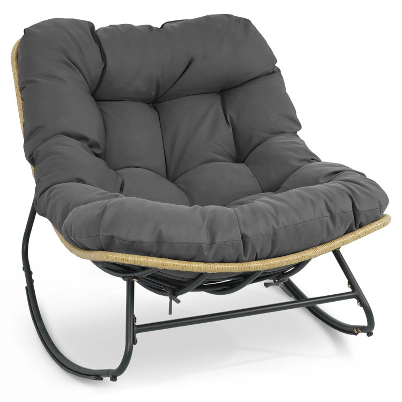 SUGIFT Gray Wicker Papasan Egg Rocking Chair with 6.5-Inch Cushion and Anti-Tip Stoppers