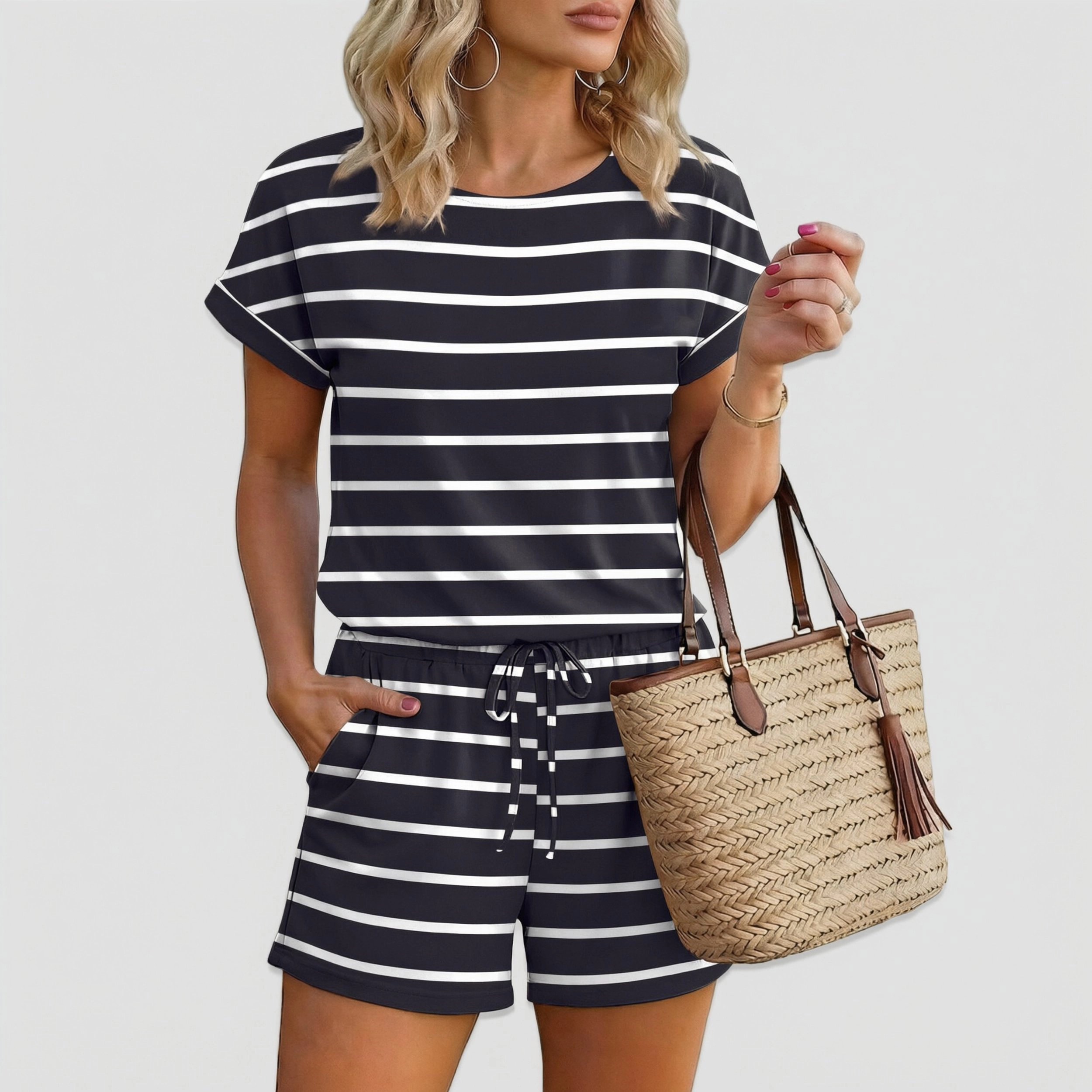 Ekouaer Women's Crew Neck Short Sleeve Top & Drawstring Shorts Set