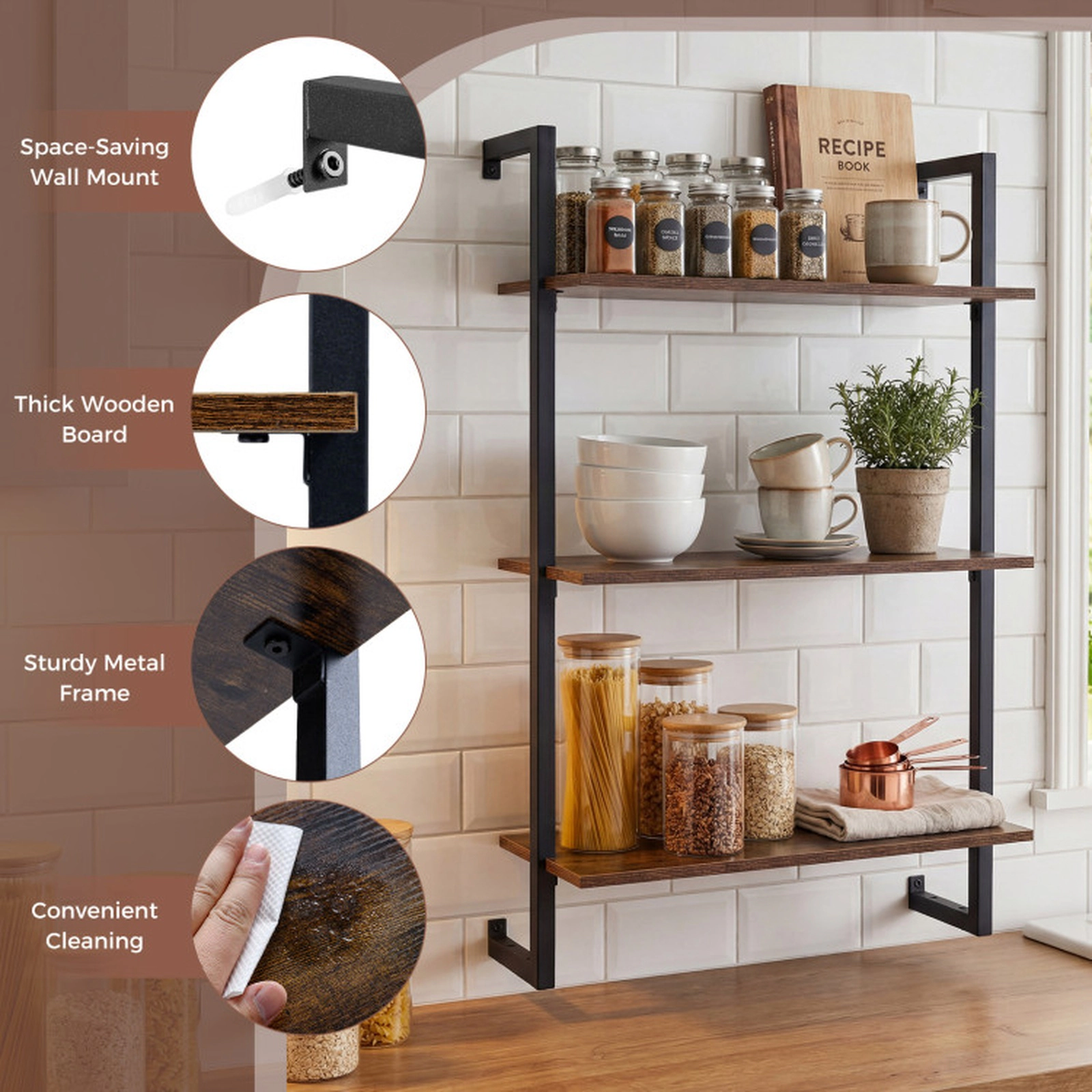 SUGIFT 3-Tier Floating Kitchen Shelf Bookcase 35.5-in Tall 22-lb Per Shelf 66-lb Total Capacity Rustic Brown and Black