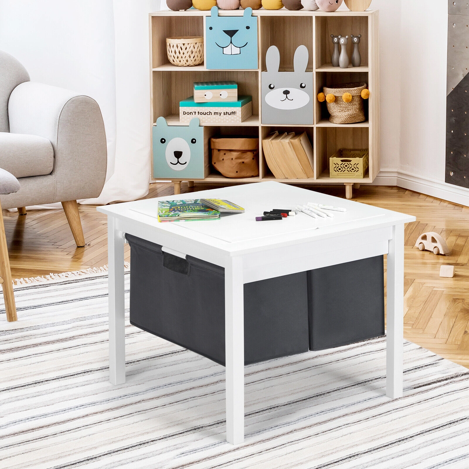 SUGIFT White 2 Fabric Drawers Kids 2-in-1 Double-Sided Activity Building Block Table