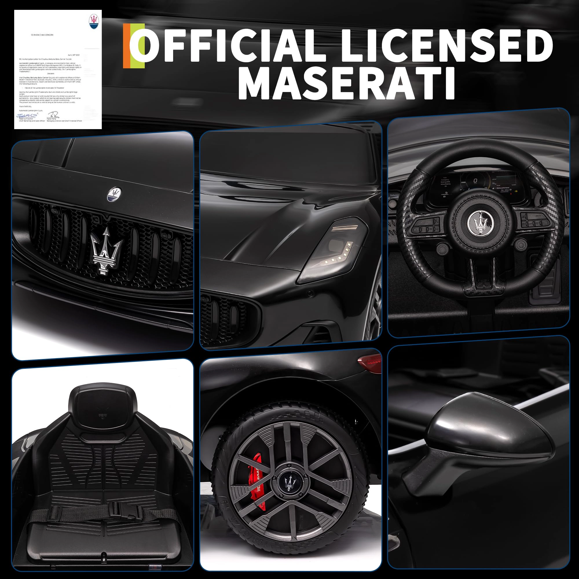Enjyam Licensed Maserati Gran Cabrio Ride On Car, 12V Electric Vehicle for Kids with Remote Control, Lights