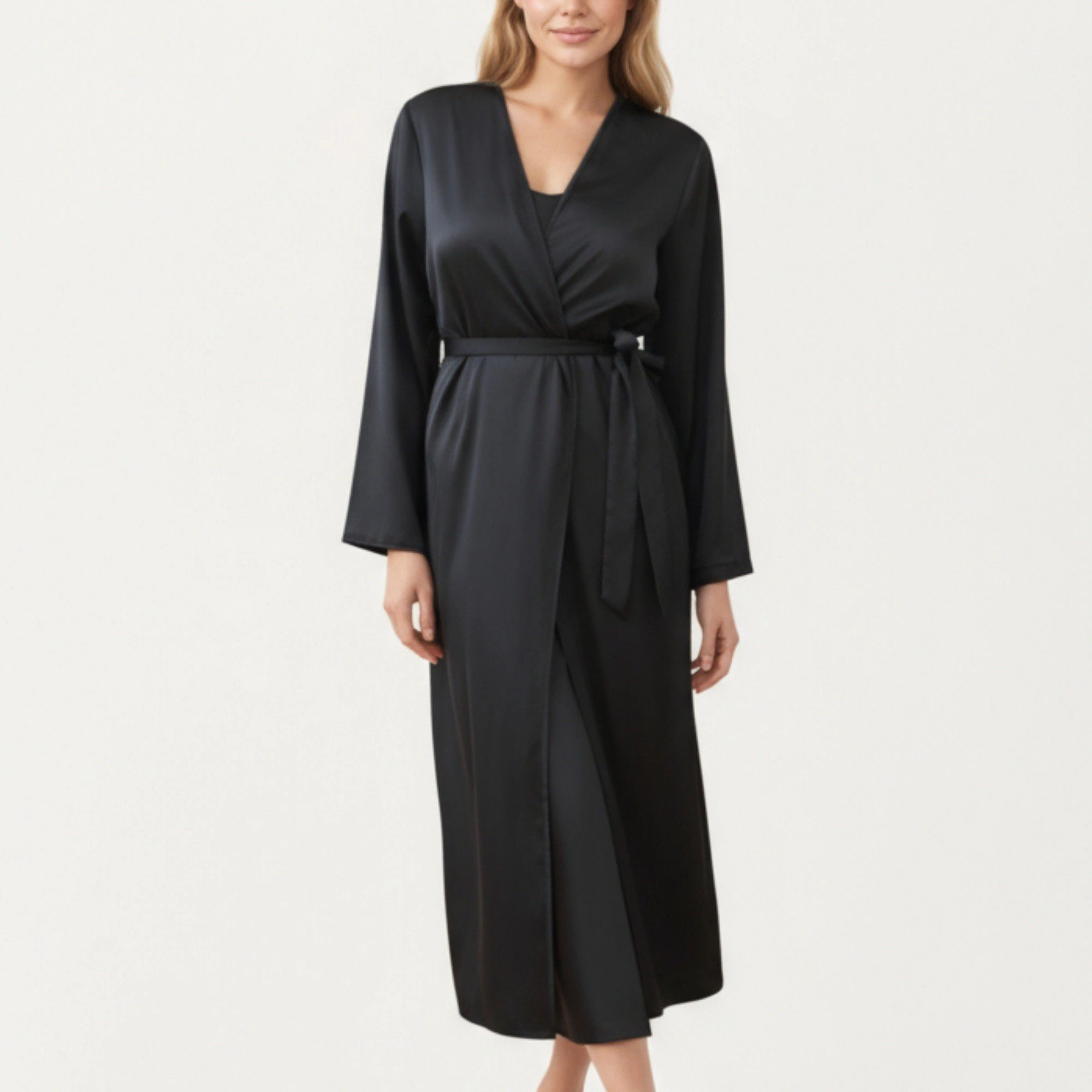Anna-Kaci Women's 2-Piece Satin V-Neck Slip Dress with Flowing Long Robe