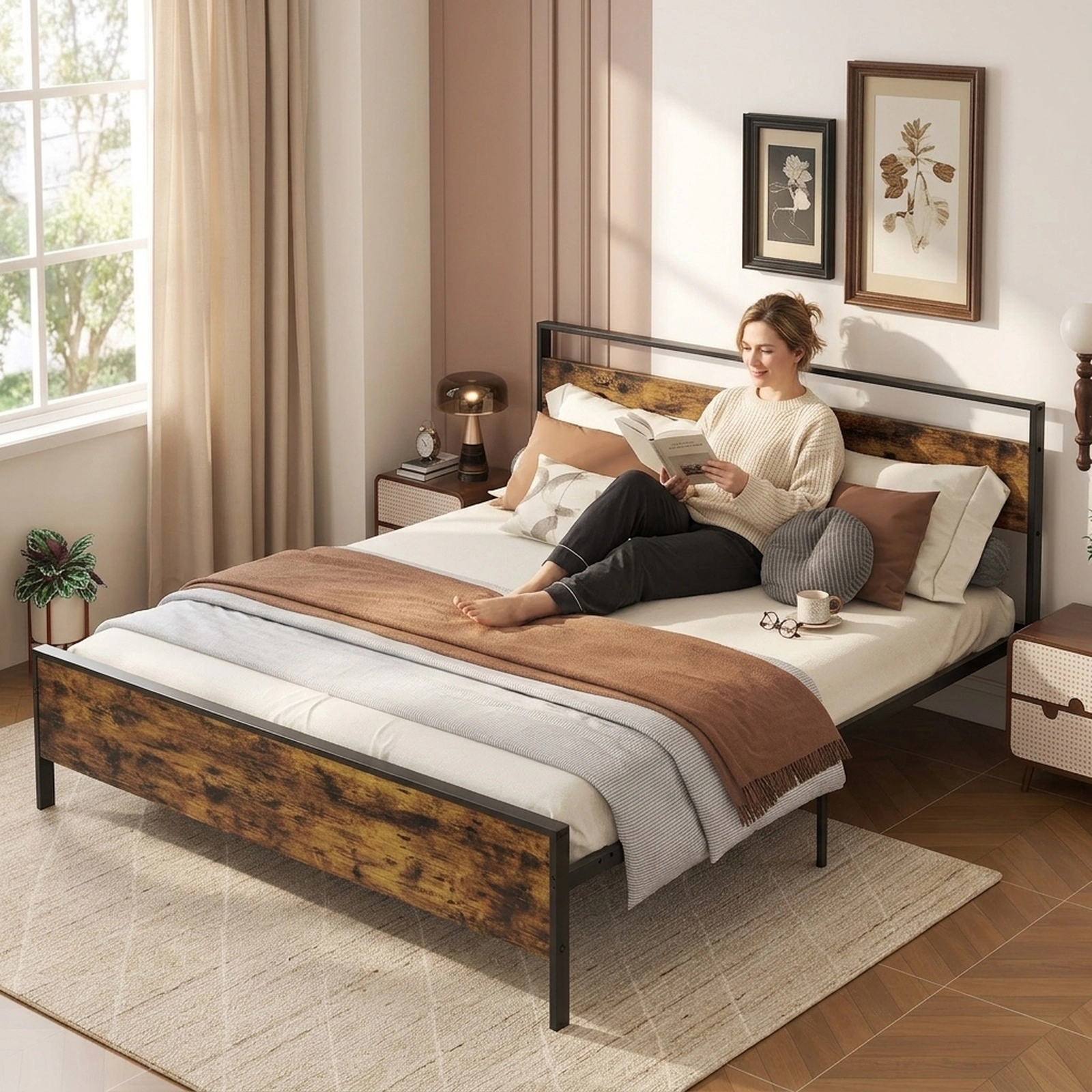 SUGIFT King Industrial Metal Platform Bed with Rustic Wood Panel Headboard, 1100-lb Capacity