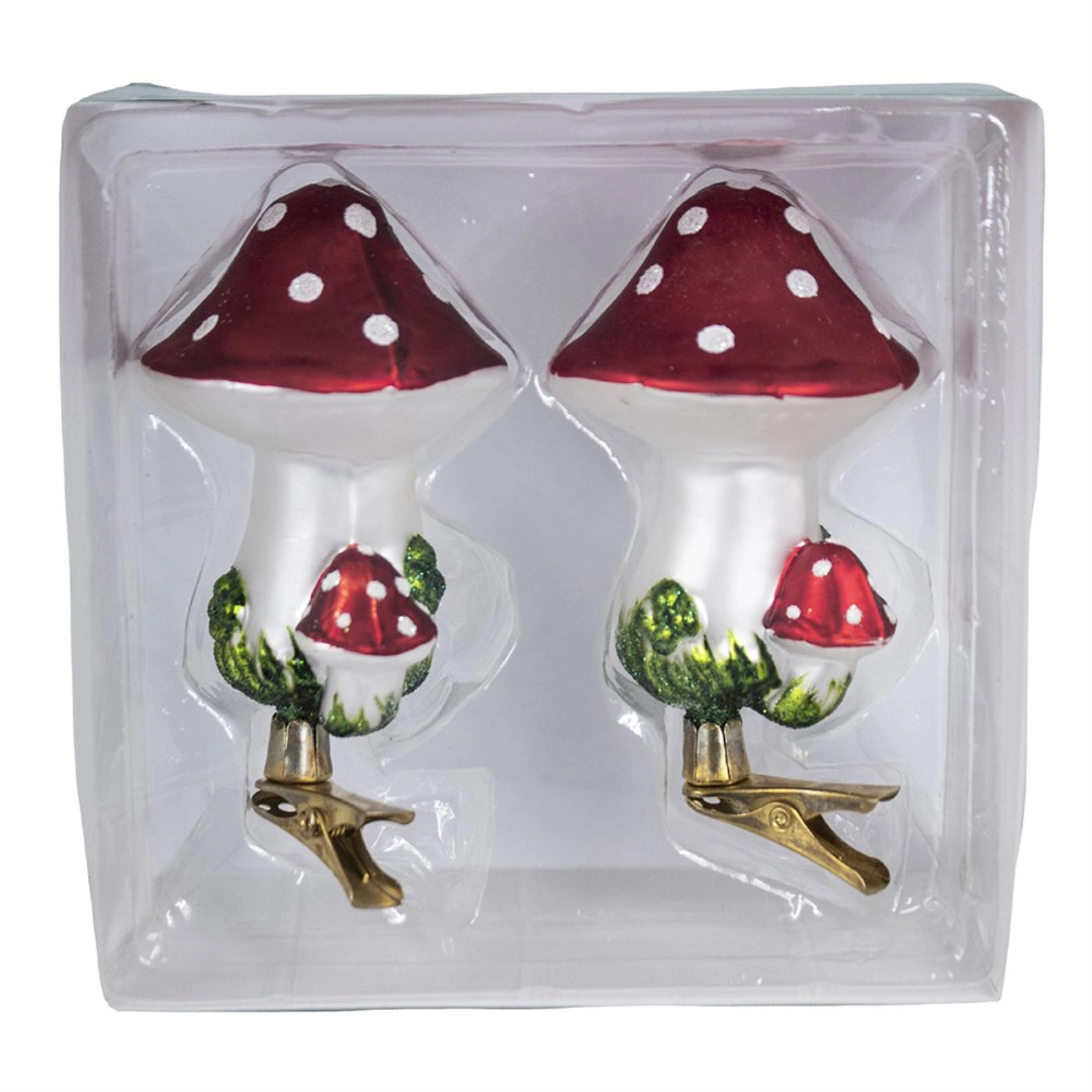 Kurt Adler Red Toadstool Mushroom Clip-On Glass Christmas Tree Ornaments 2-Piece Set 4 inch
