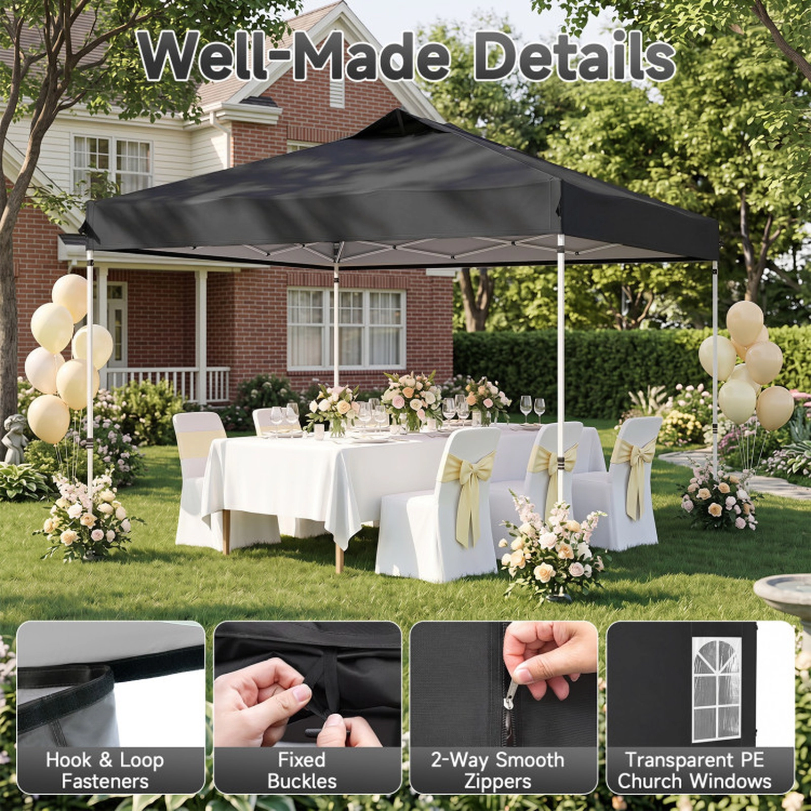 SUGIFT Pop Up Canopy Gazebo Tent with 4 Removable Sidewalls 3-Level Adjustable Height Waterproof Fabric Black