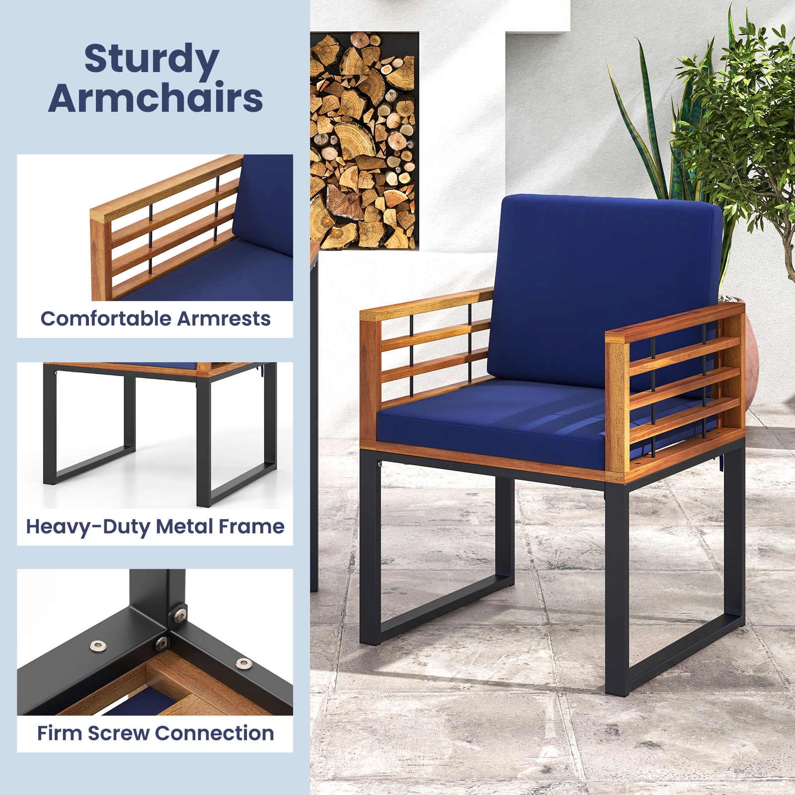 SUGIFT Set of 2 Navy Acacia Wood Outdoor Patio Dining Chairs, Metal Frame, Tie-Down Cushions