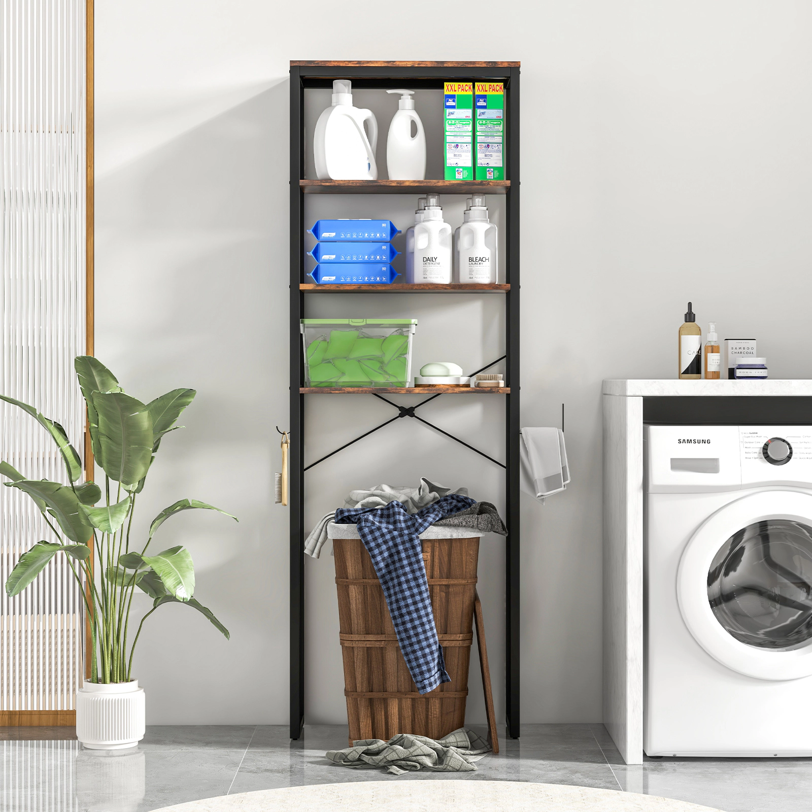 Slickblue Over The Toilet Storage Rack 4 Tier Bathroom Shelf Organizer Metal Wood Unit