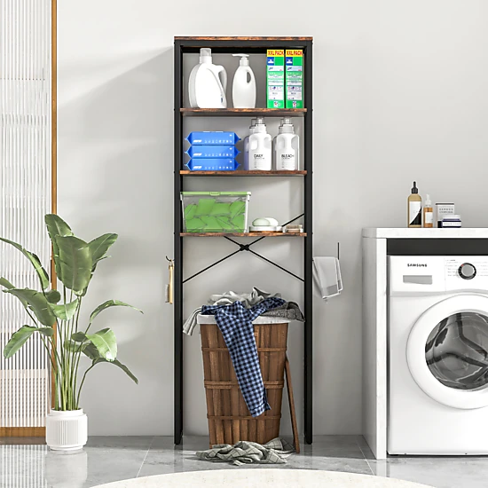 SlickBlue Over The Toilet Storage Rack 4 Tier Bathroom Shelf Organizer Metal Wood Unit