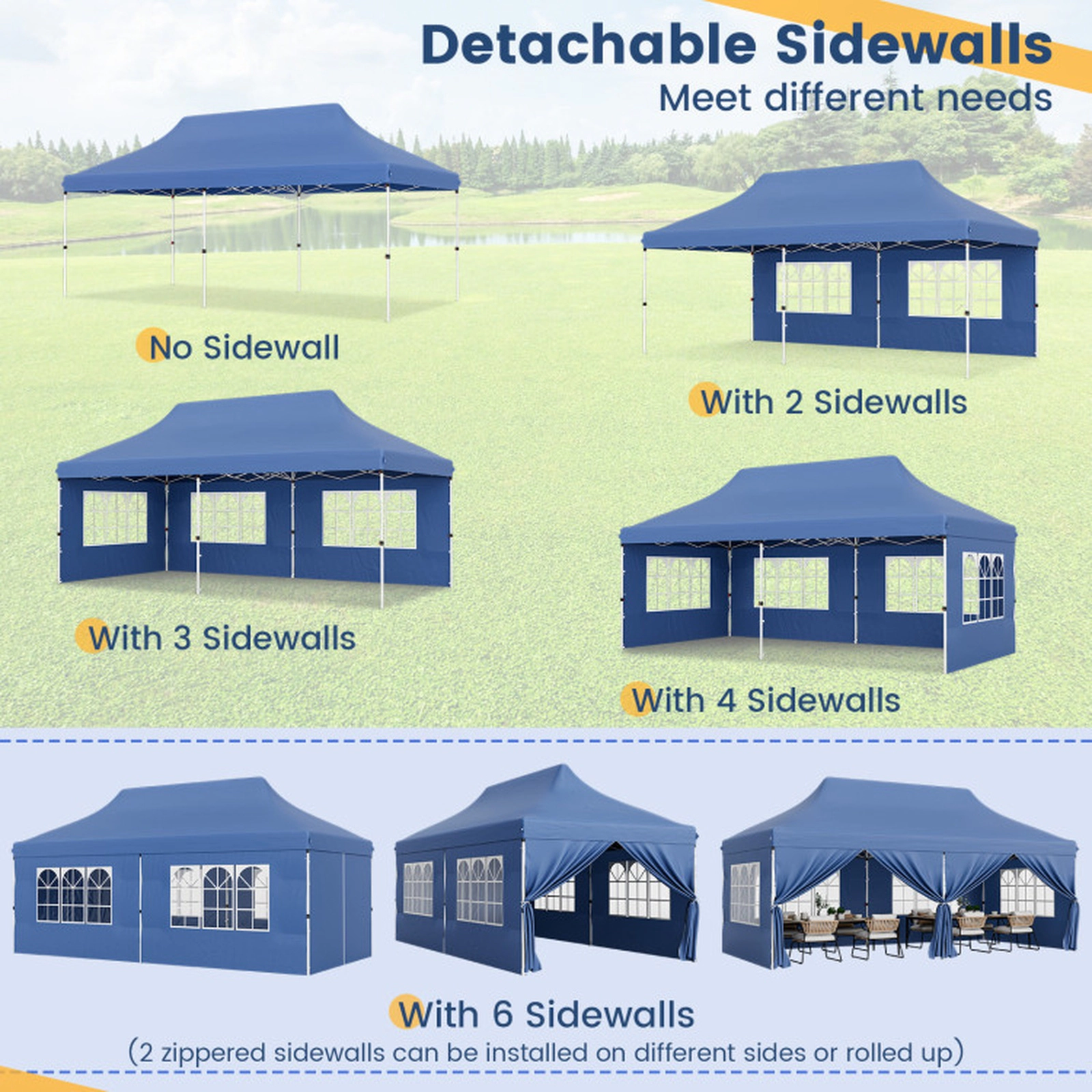 SUGIFT Blue 10-ft by 20-ft 3-Level UPF50+ 210D Oxford Pop Up Canopy Tent with 6 Sidewalls and Windows