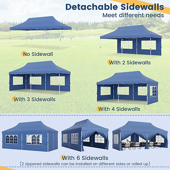 SUGIFT Blue 10-ft by 20-ft 3-Level UPF50+ 210D Oxford Pop Up Canopy Tent with 6 Sidewalls and Windows