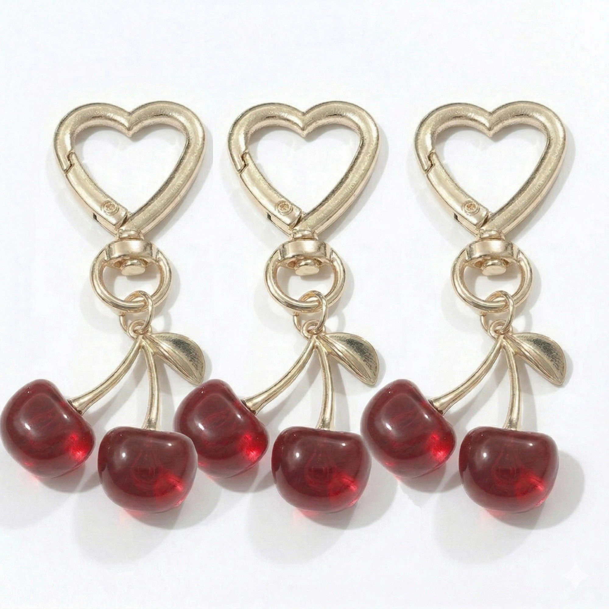 Alilang Women's 3 Pcs Cherry Charm Keychain Set with Heart Clip Decorative Bag Charm Accessory