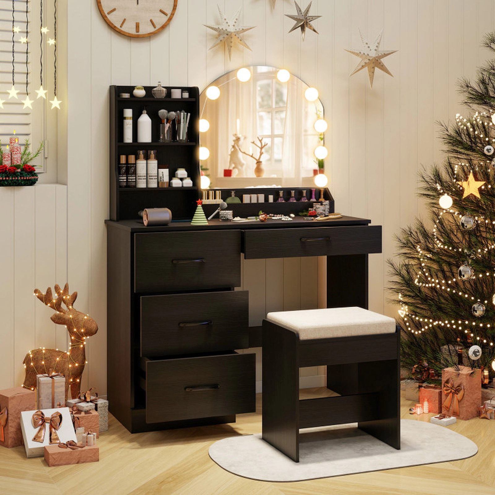 SUGIFT 2-Piece 39.5-in Makeup Vanity Set with Lighted Mirror, Wireless Charging and Stool