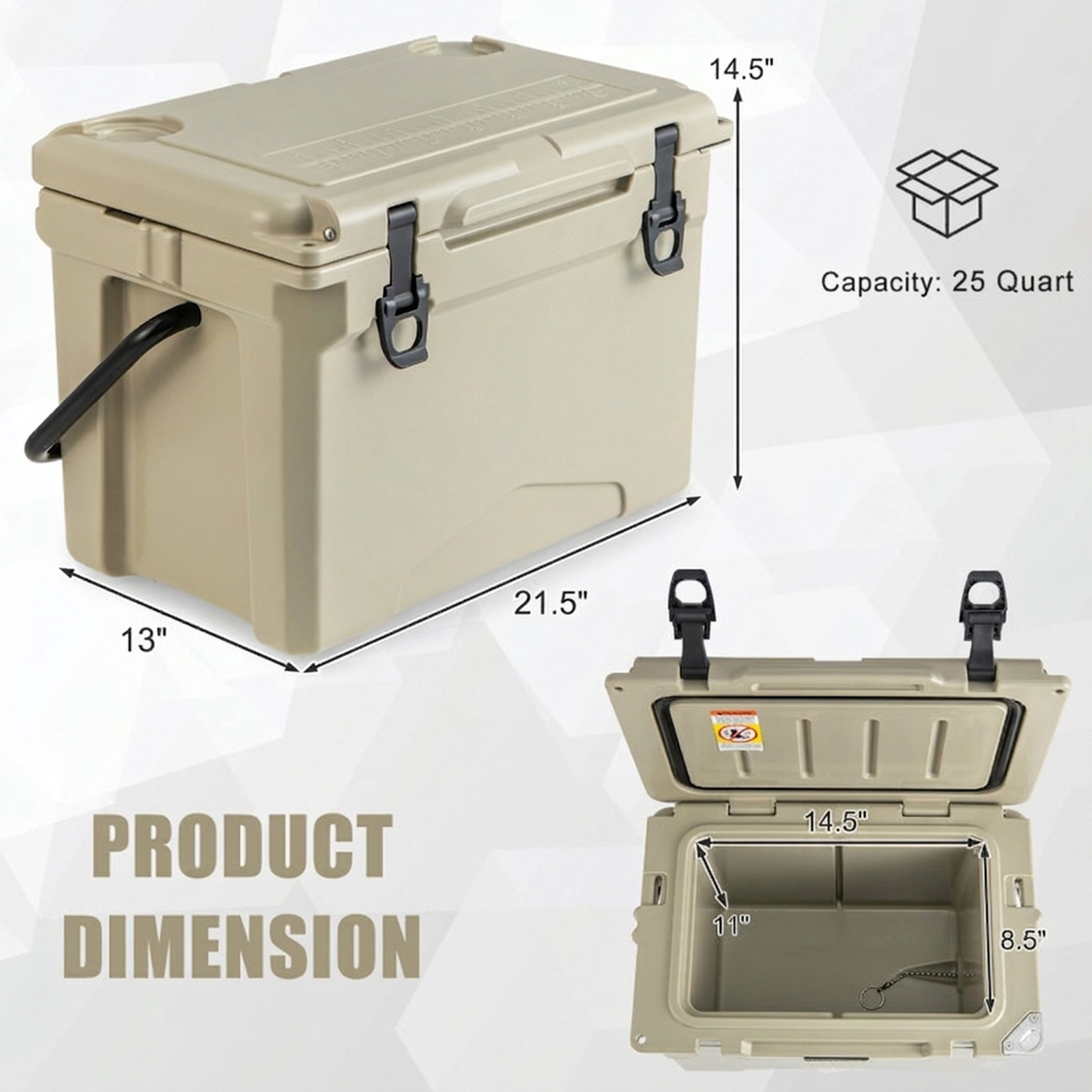 SUGIFT 25 Qt Hard Cooler with Aluminum Handle and Cup Holders 220-lb Capacity 21.5-in Body Charcoal Tan Single Unit