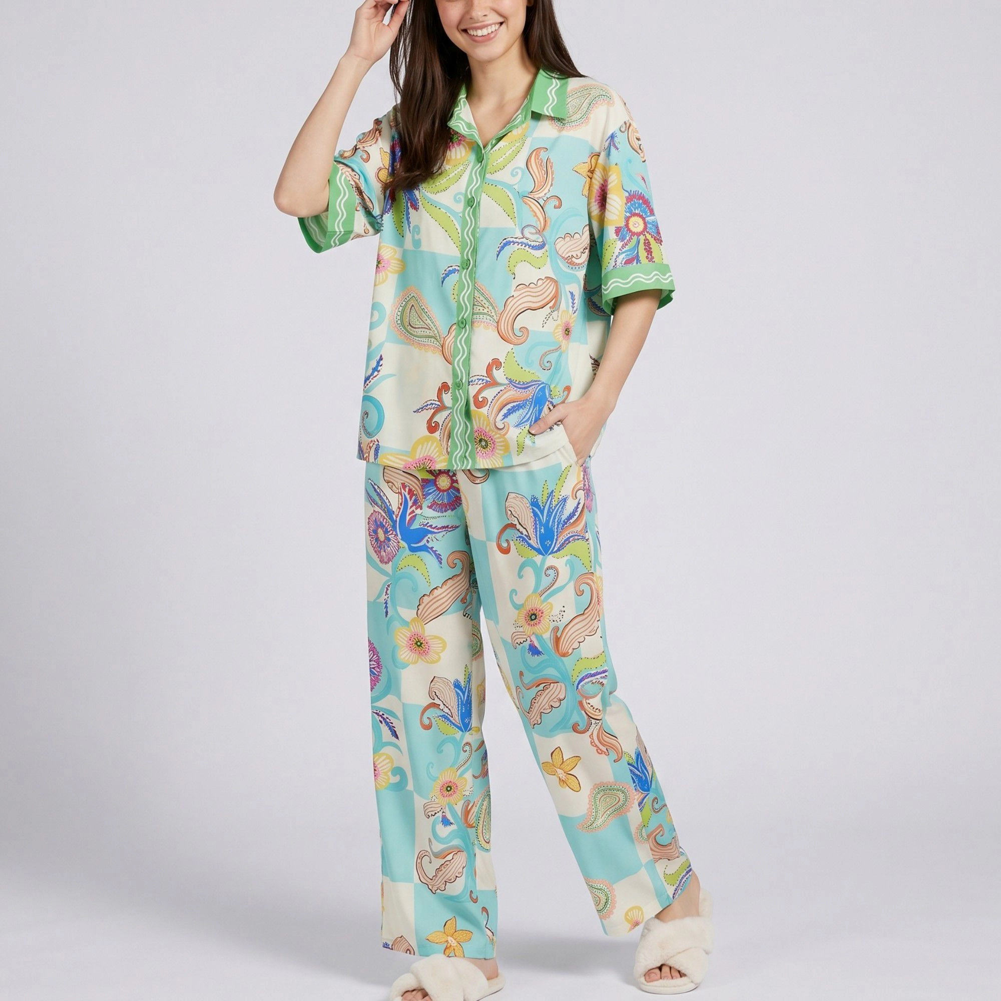 Anna-Kaci Women's 2-Piece Paisley Floral Pajama Set with Short Sleeve Button Top and Wide Leg Pants