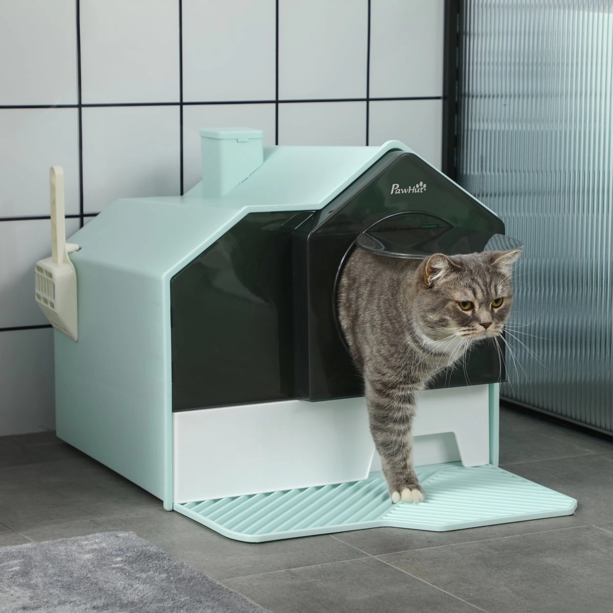 212 Main Paw Hut Hooded Cat Litter Box with Mat, Particle Catching, Easy Clean, Light Blue