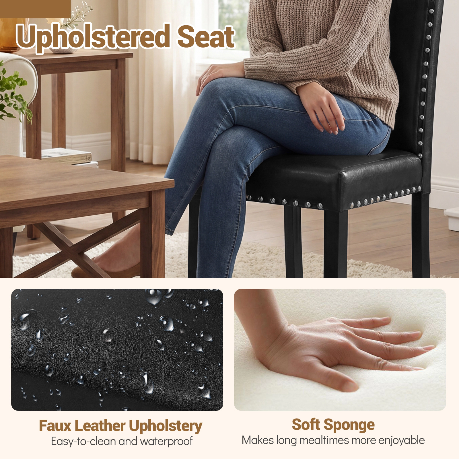 SUGIFT Set of 2 Black Faux Leather Armless Dining Chairs with Wood Legs