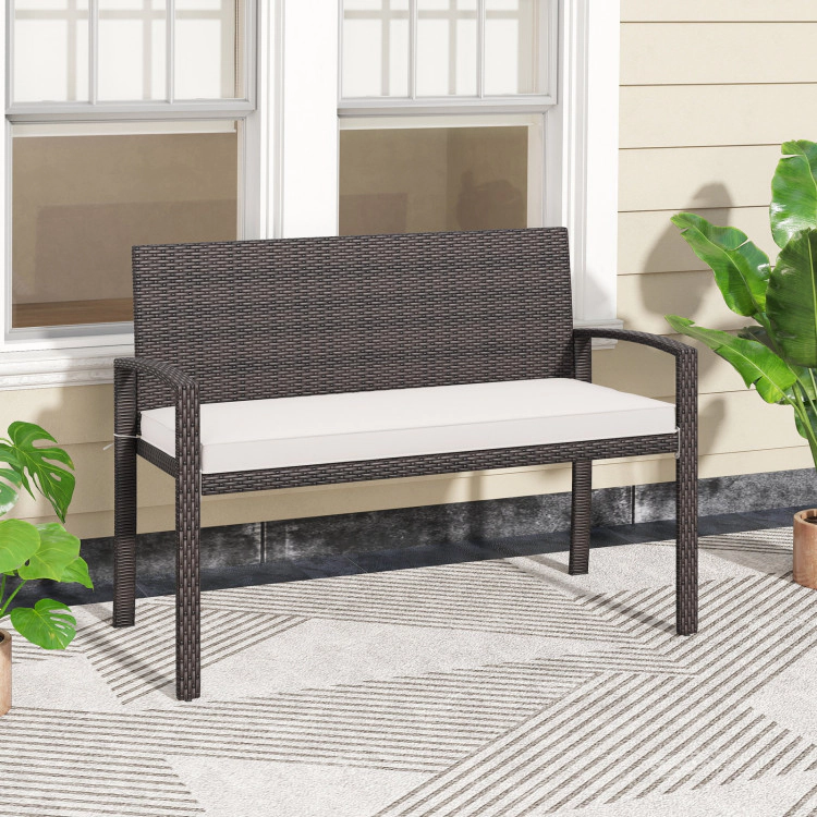 Hivvago Wicker 2-Seat Bench with Soft Seat Cushion and Metal Frame-White