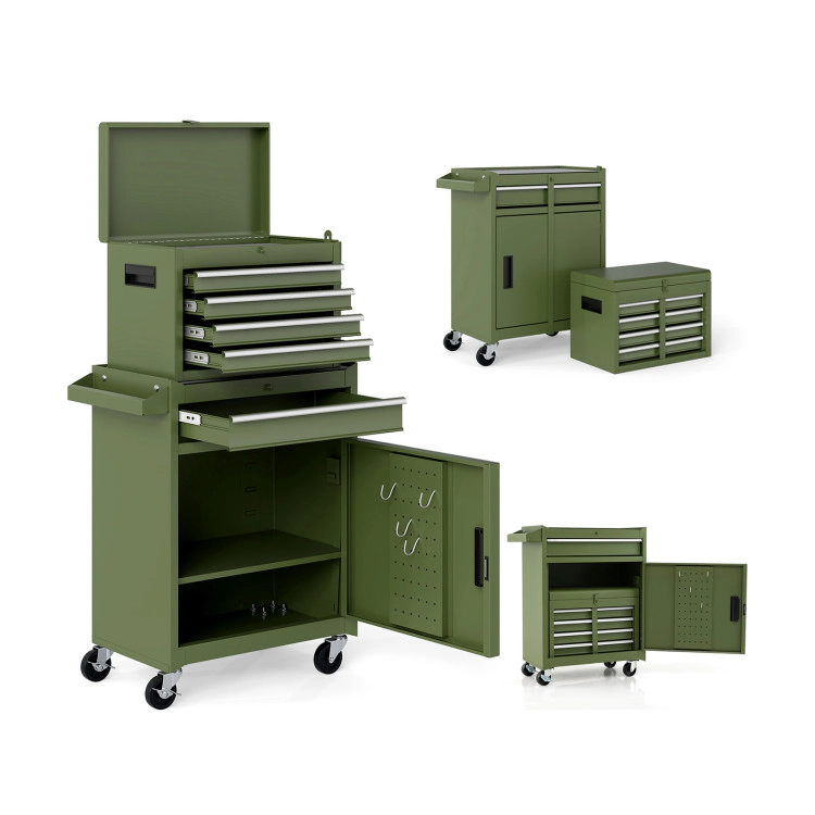 SUGIFT 2-in-1 Rolling Tool Combination Cabinet with 5 Sliding Lockable Drawers 220.5-lb Capacity Green