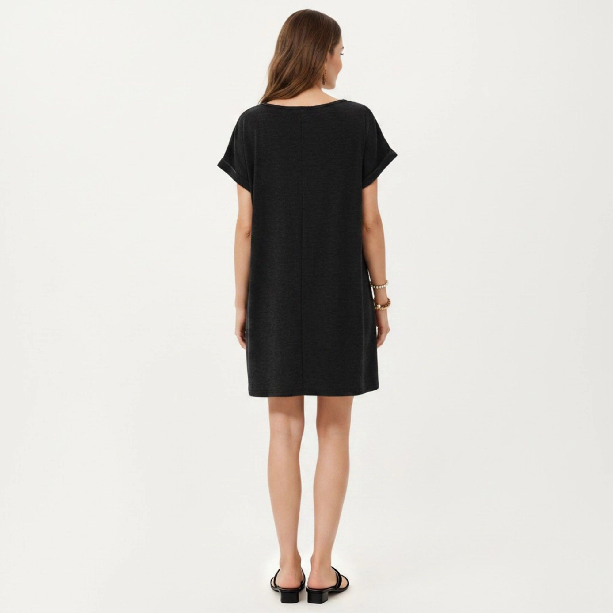 Anna-Kaci Women's Short Sleeve Split V Neck Embroidered Detail Relaxed Fit Casual Tunic Shift Dress