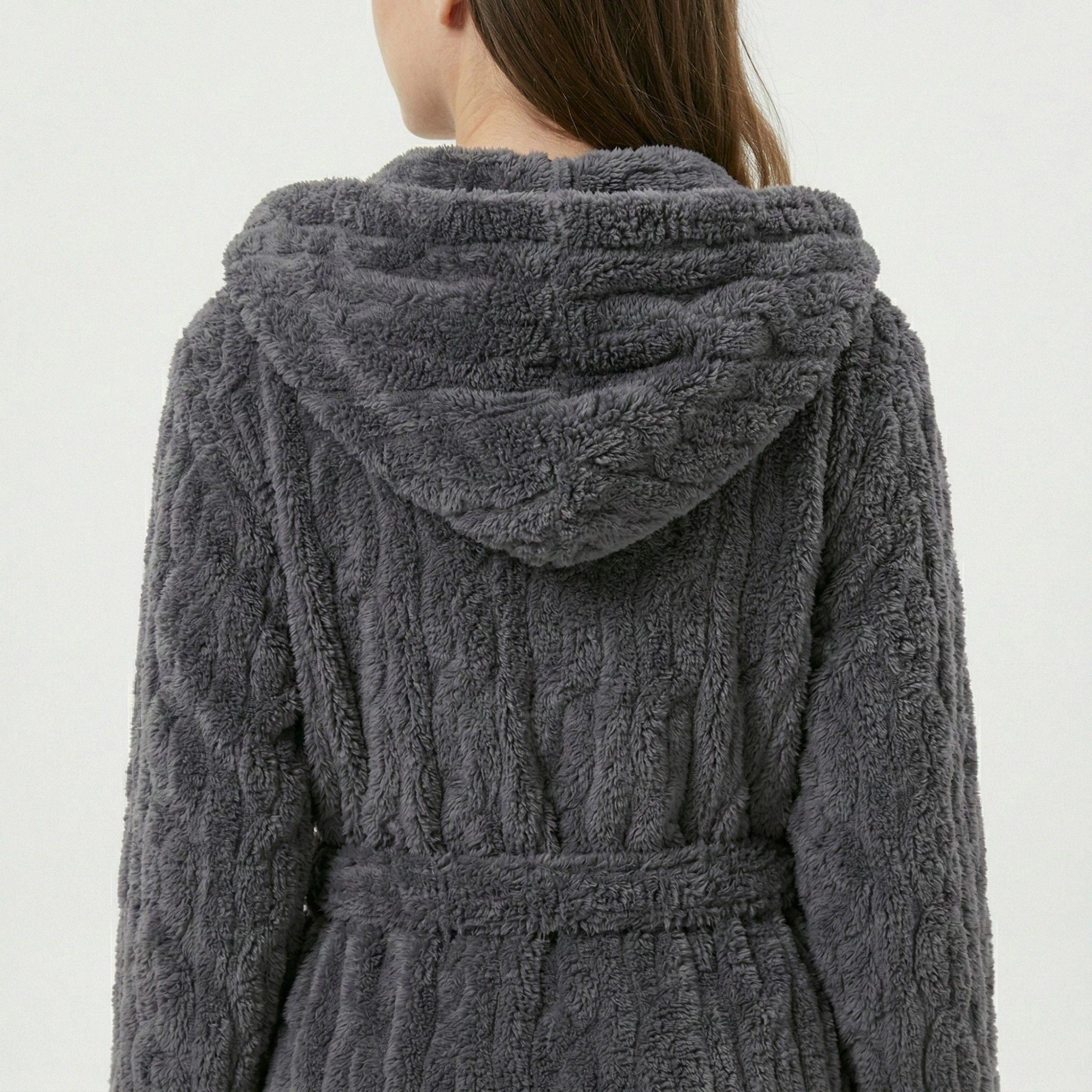 Anna-Kaci Women's Plush Hooded Bathrobe Textured Cable Pattern Long Wrap Design Adjustable Waist Tie and Front Pockets