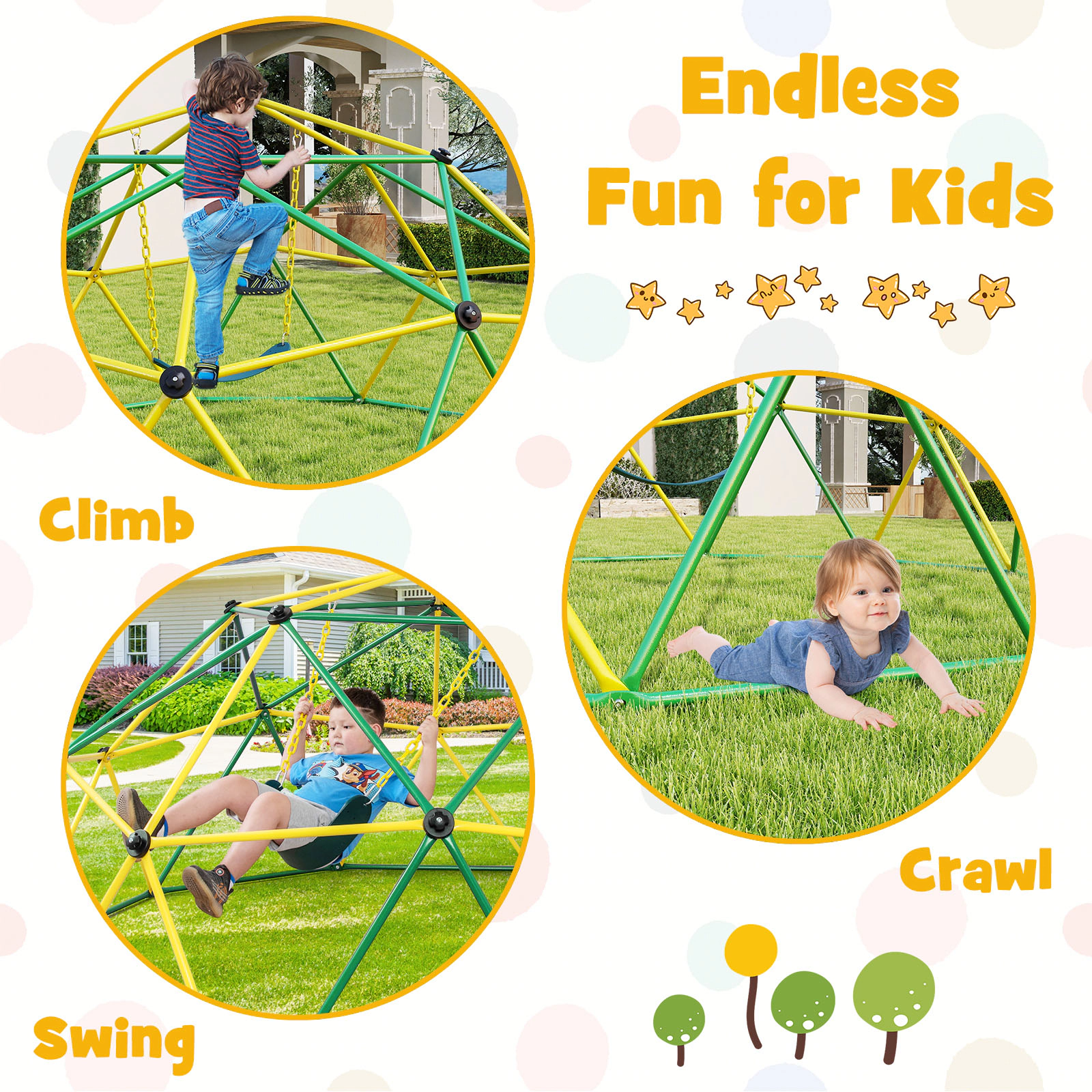 LJG Kids 10 Feet Dome Climber with Swing and 800 Lbs Load Capacity
