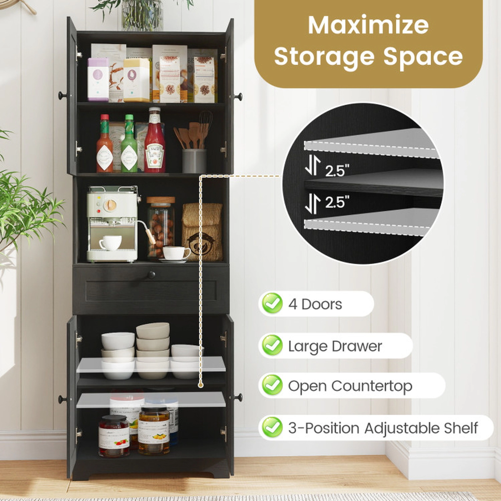 SUGIFT Tall Freestanding Floor Storage Cabinet with 4 Doors 1 Drawer 243-lb Capacity Black