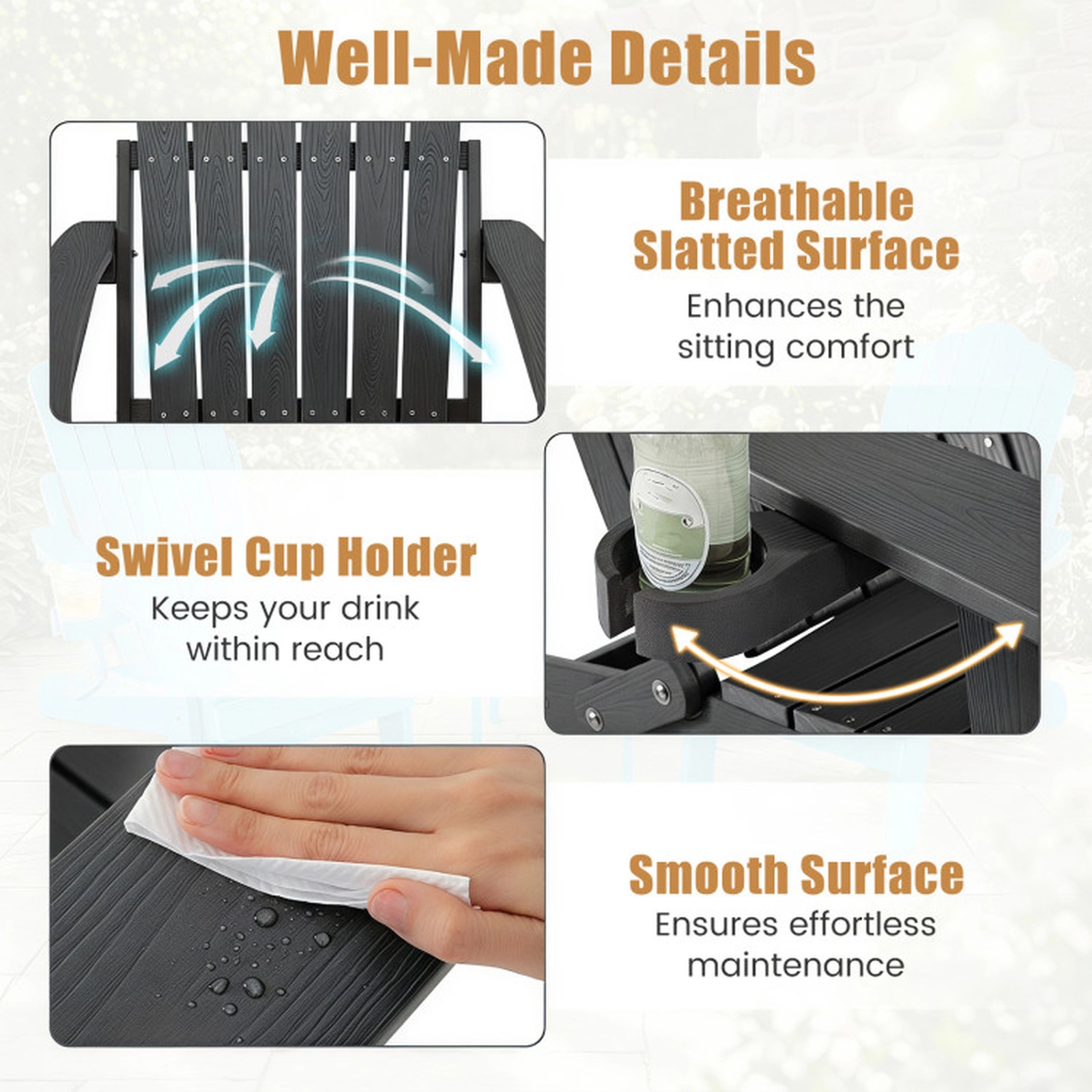 SUGIFT Black Cup Holder and 5-Level Backrest Set of 2 Outdoor Folding Adirondack Chairs