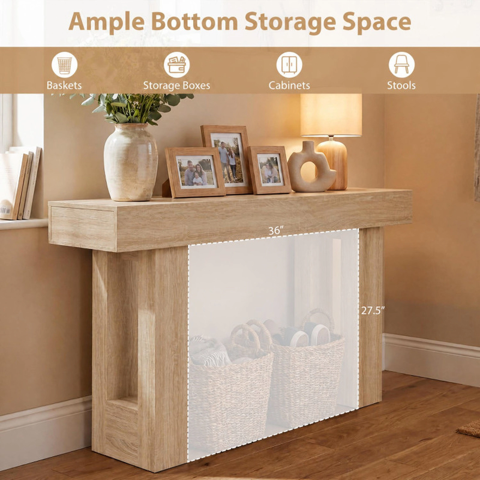 SUGIFT 63-in 135-lb Capacity Natural Farmhouse Behind Couch Console Table with Thickened Board Top