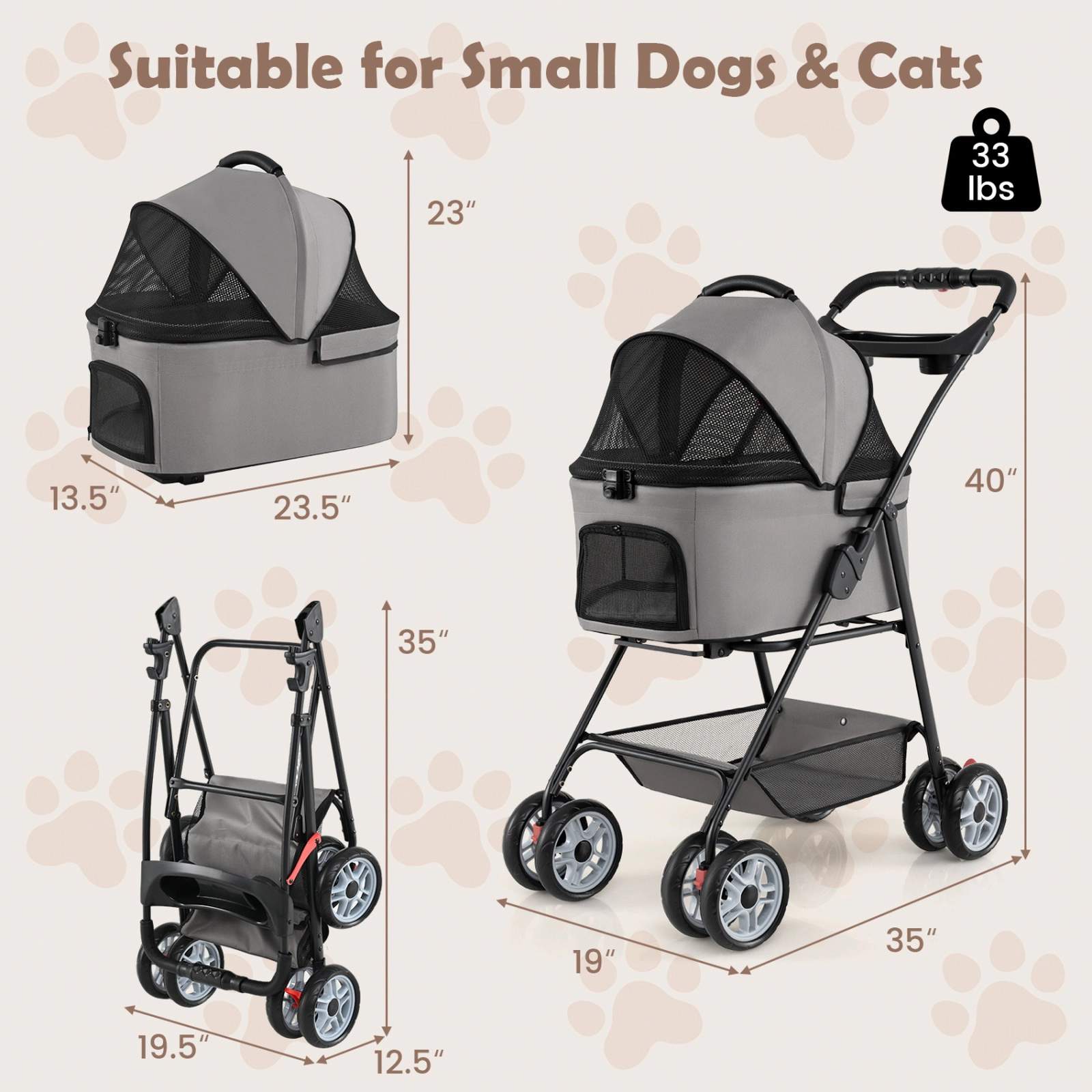 SUGIFT Gray 3-in-1 Pet Stroller with Removable Carrier and Car Seat 35-in W 19-in D 40-in H 33-lb Cart Capacity