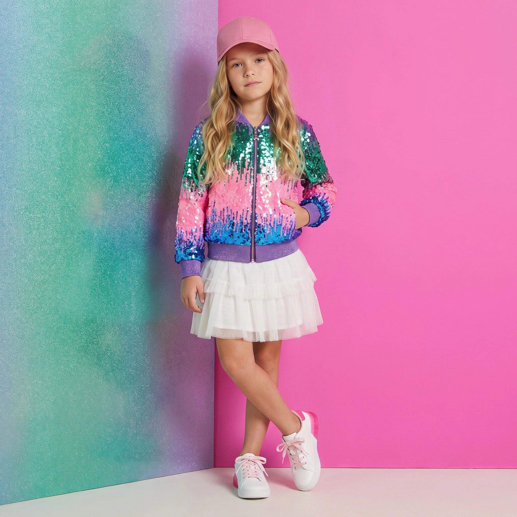 2Bunnies Girls' Aurora Gradient Sequin Holiday Party Bomber Jacket