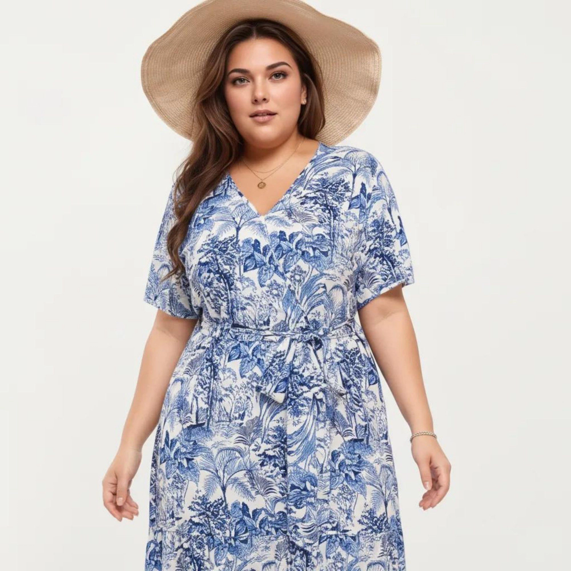 Anna-Kaci Women's Short Sleeve V Neck Waist Tie Belt All Over Print Flowy Fit Midi Dress