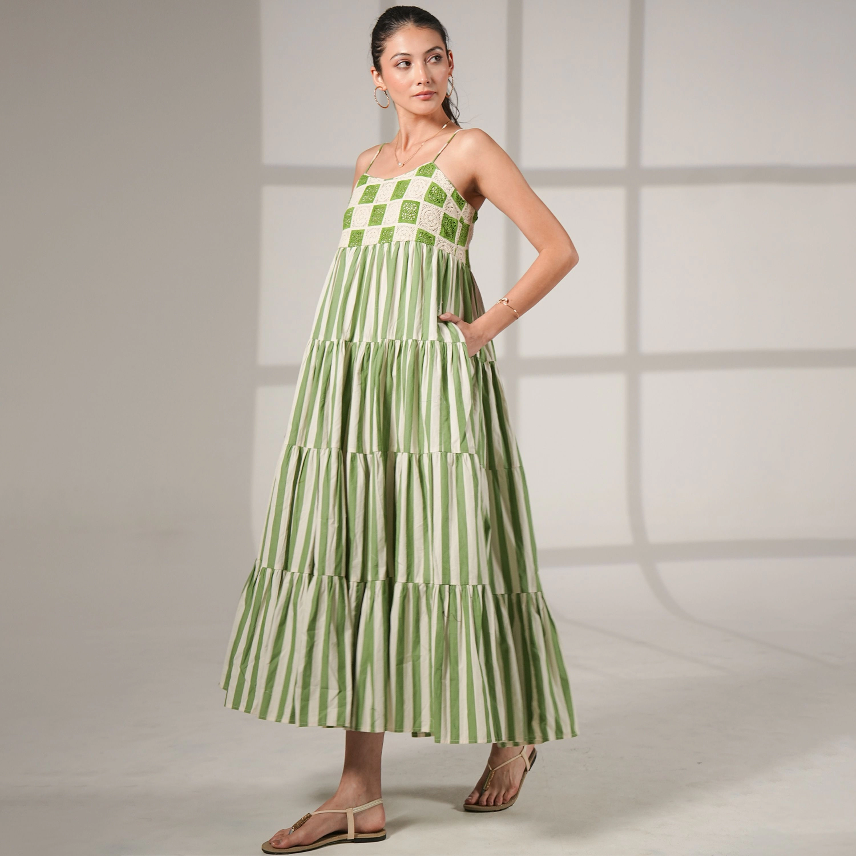 Rose & Nancy Women's Helena Green Cotton Crochet Stripe Maxi Sun Dress