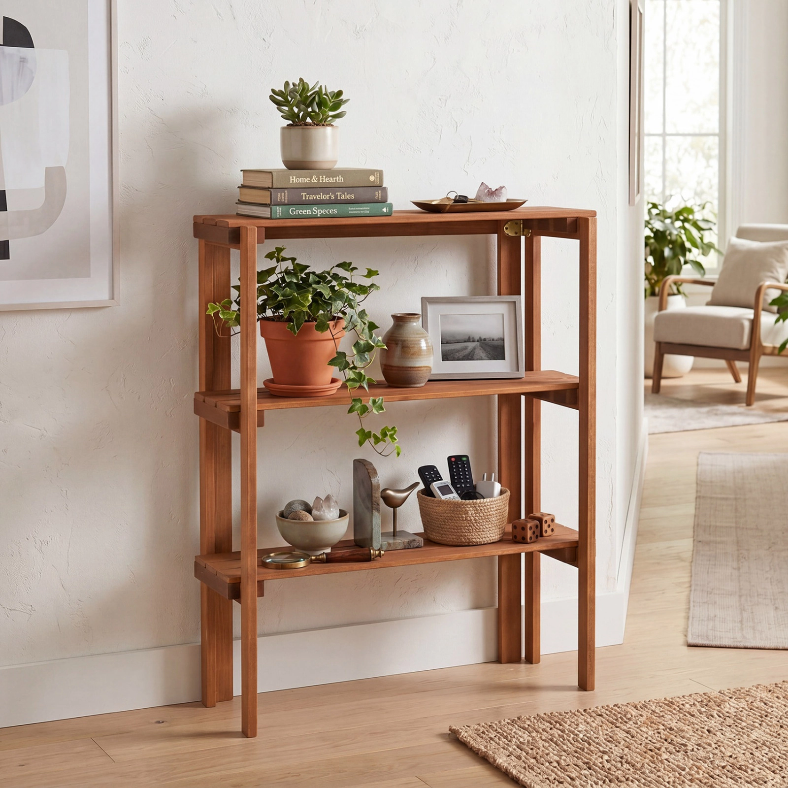 SUGIFT Natural 3-Tier 36-in Folding Wooden Slatted Storage Shelf Plant Stand and Shoe Rack for Entryway