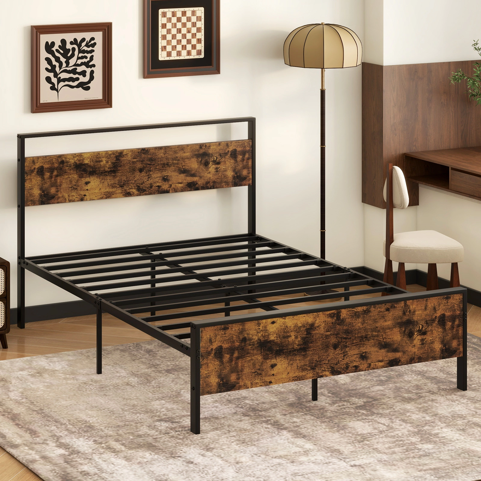 SUGIFT Full Size Platform Bed Frame with Rustic Wood Headboard and Footboard 800-lb Capacity Rustic Brown