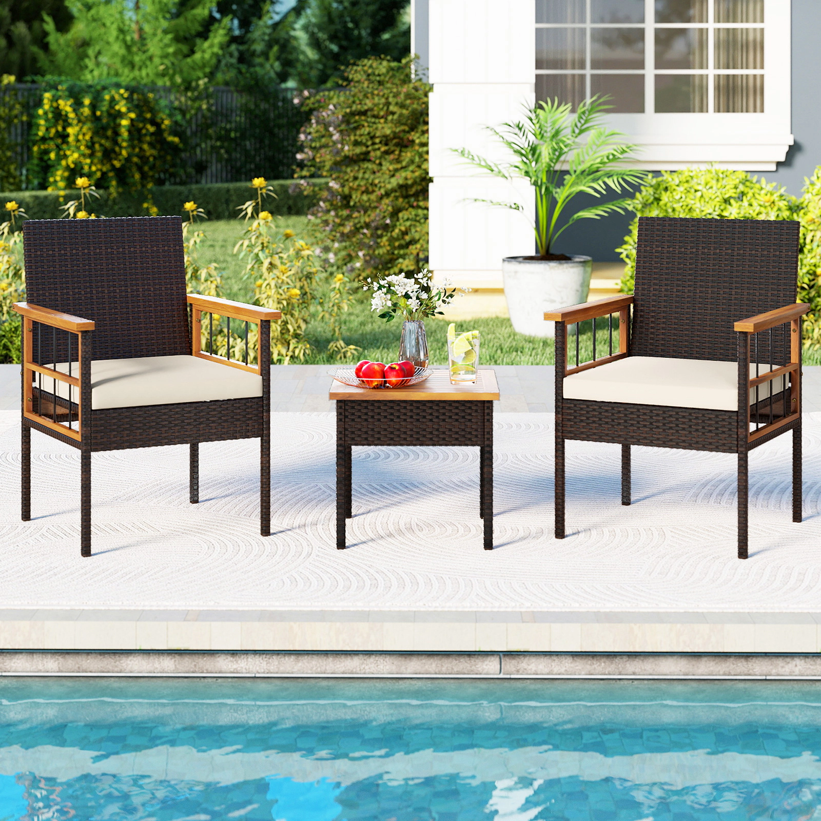SUGIFT 3-Piece White Wicker Balcony Set with Acacia-Topped Side Table and Cushions