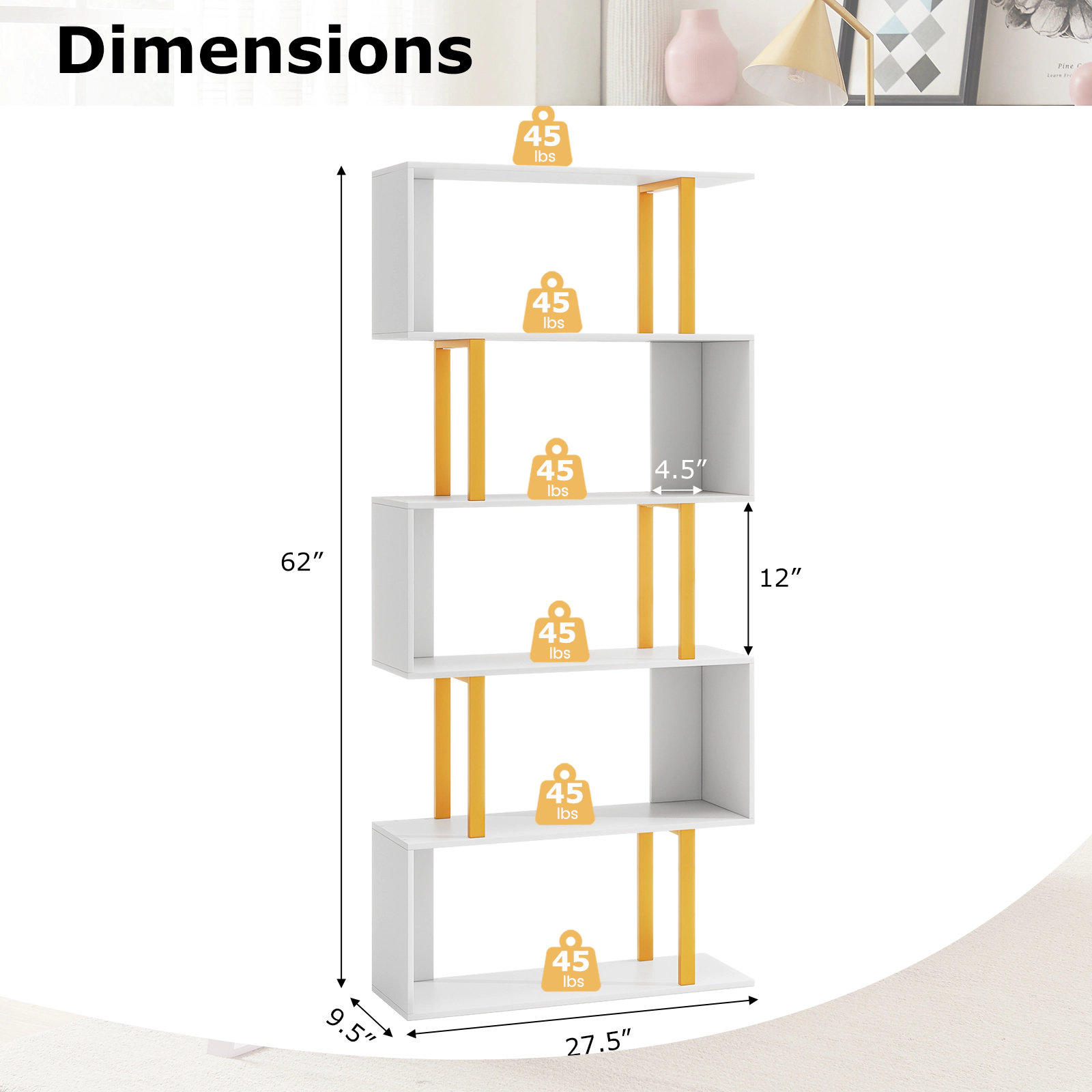 SUGIFT White and Gold Metal Frame and Anti-Tipping Kit Geometric Bookcase