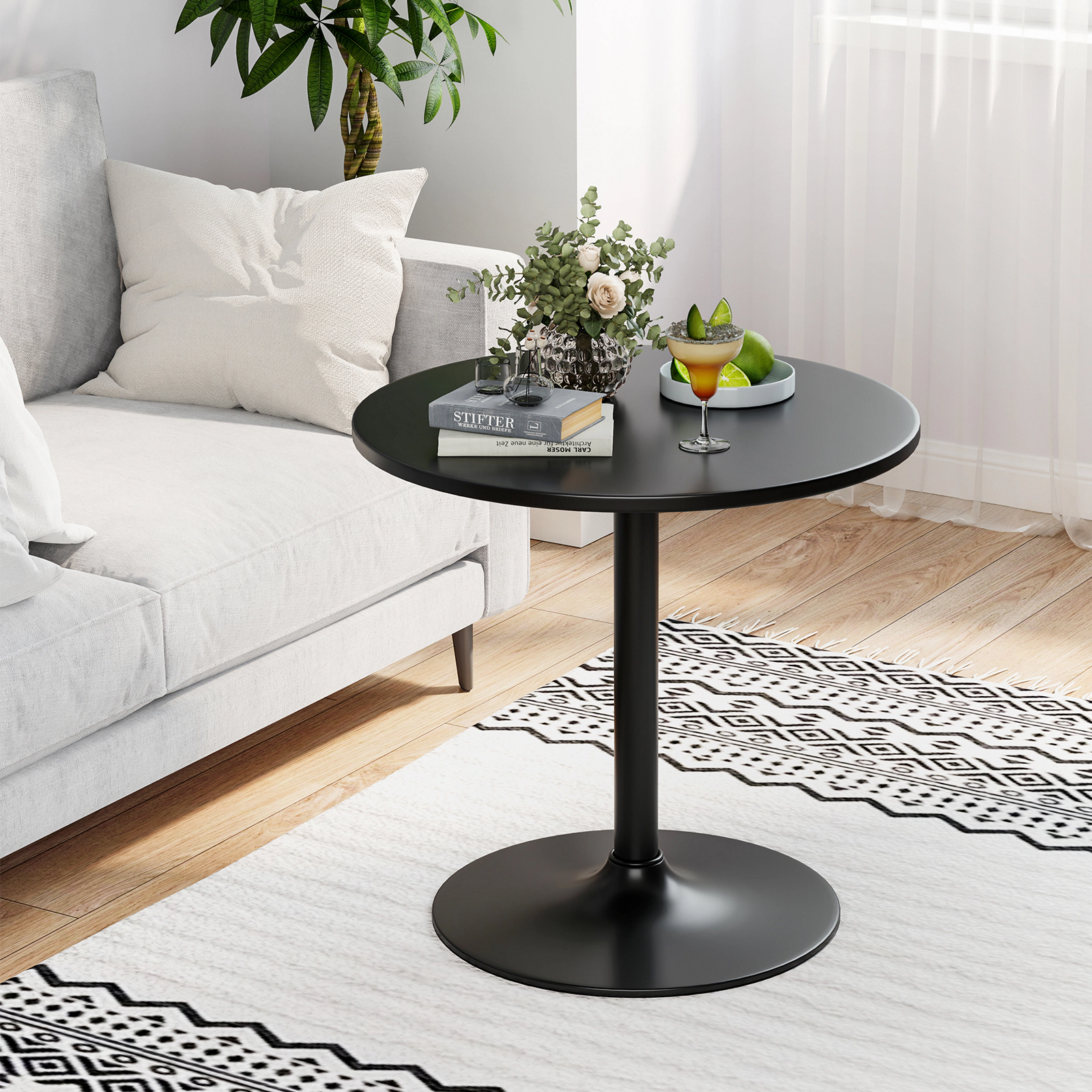 SUGIFT Black Round Cocktail Table, 24-Inch Top, 40-Inch Bar Height, Metal Pedestal Base