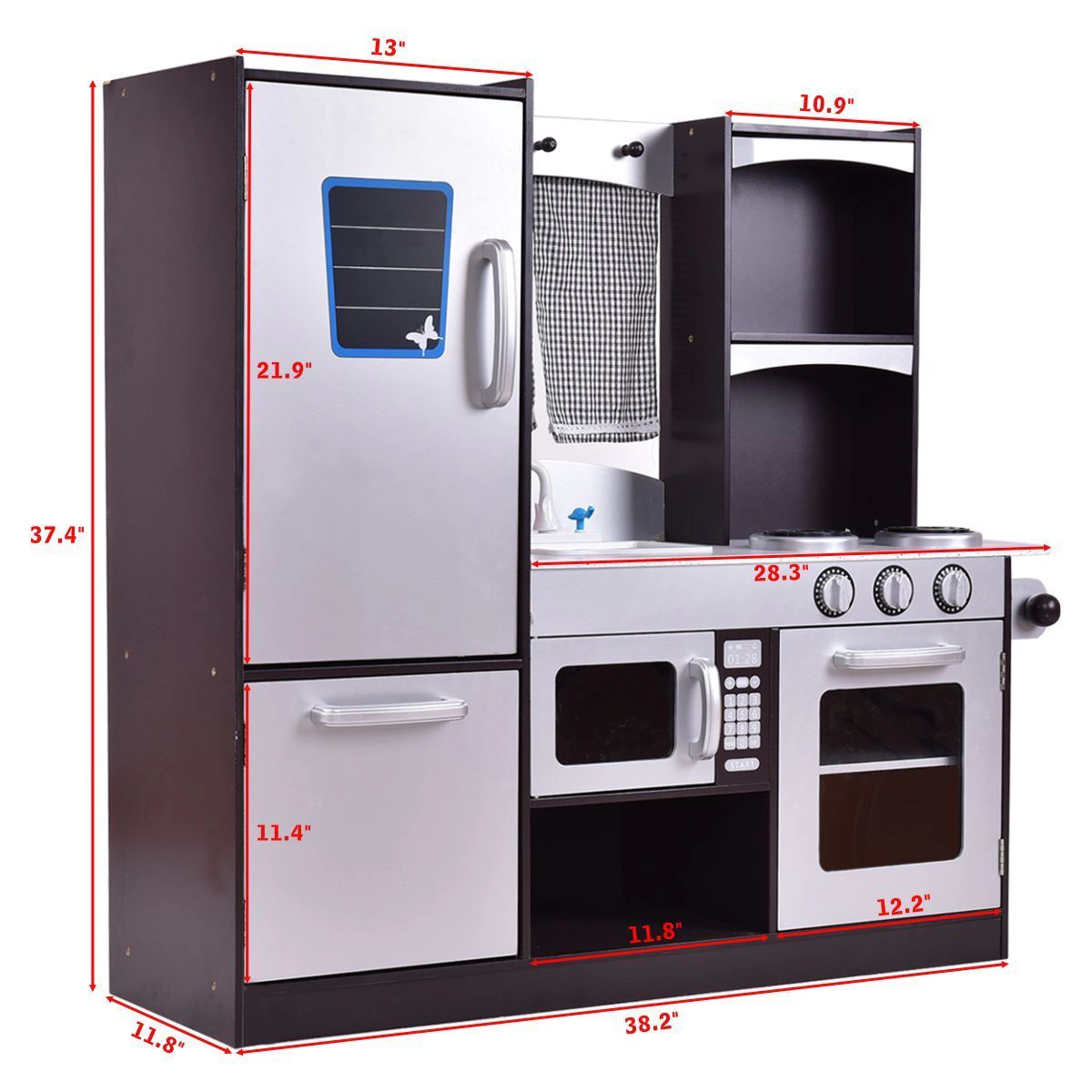SUGIFT Kids Wooden Modern Kitchen Cooking Pretend Play Set Pine Wood and MDF 38.2-in Long Ages 3+ Coffee and Silver